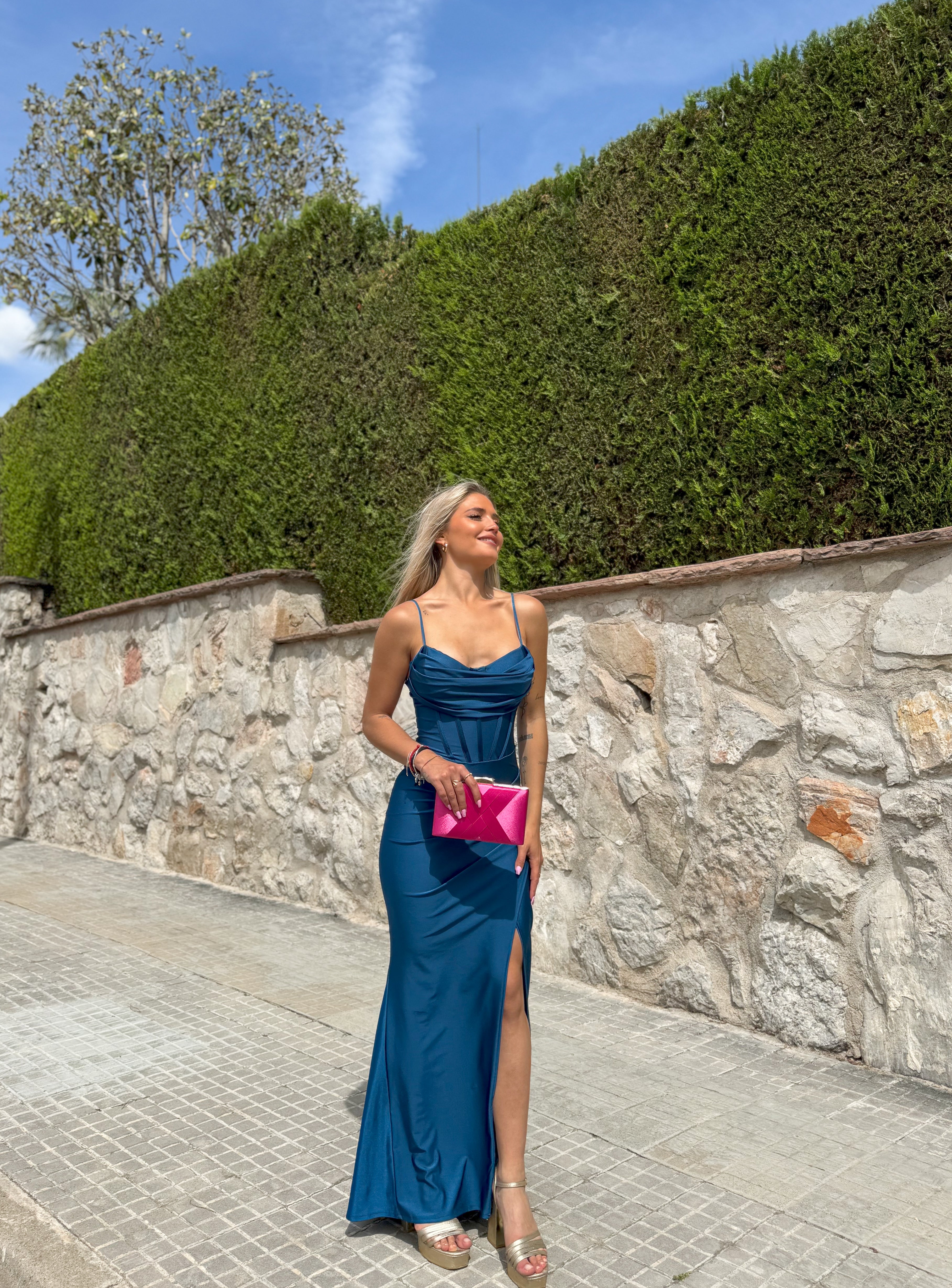 Long satin corset dress TEAL