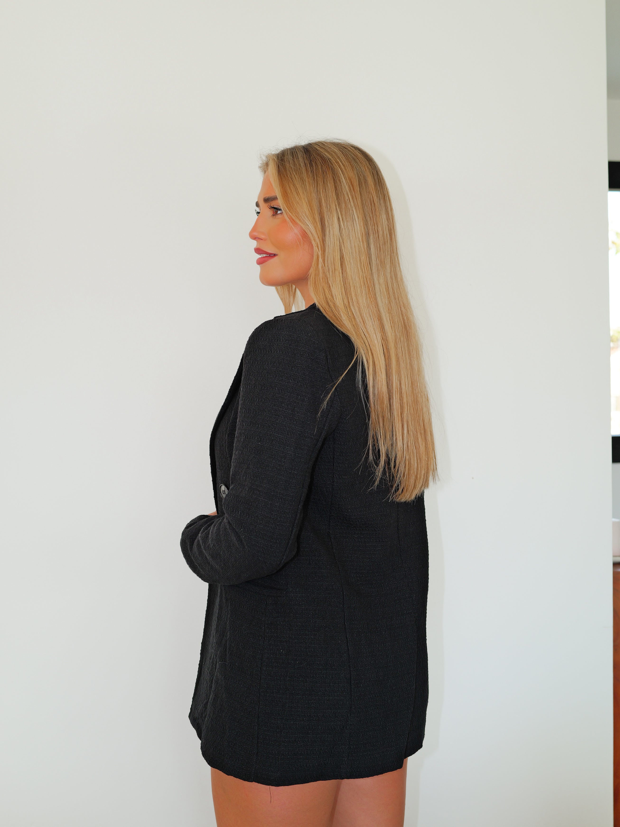 Black tweed double breasted blazer