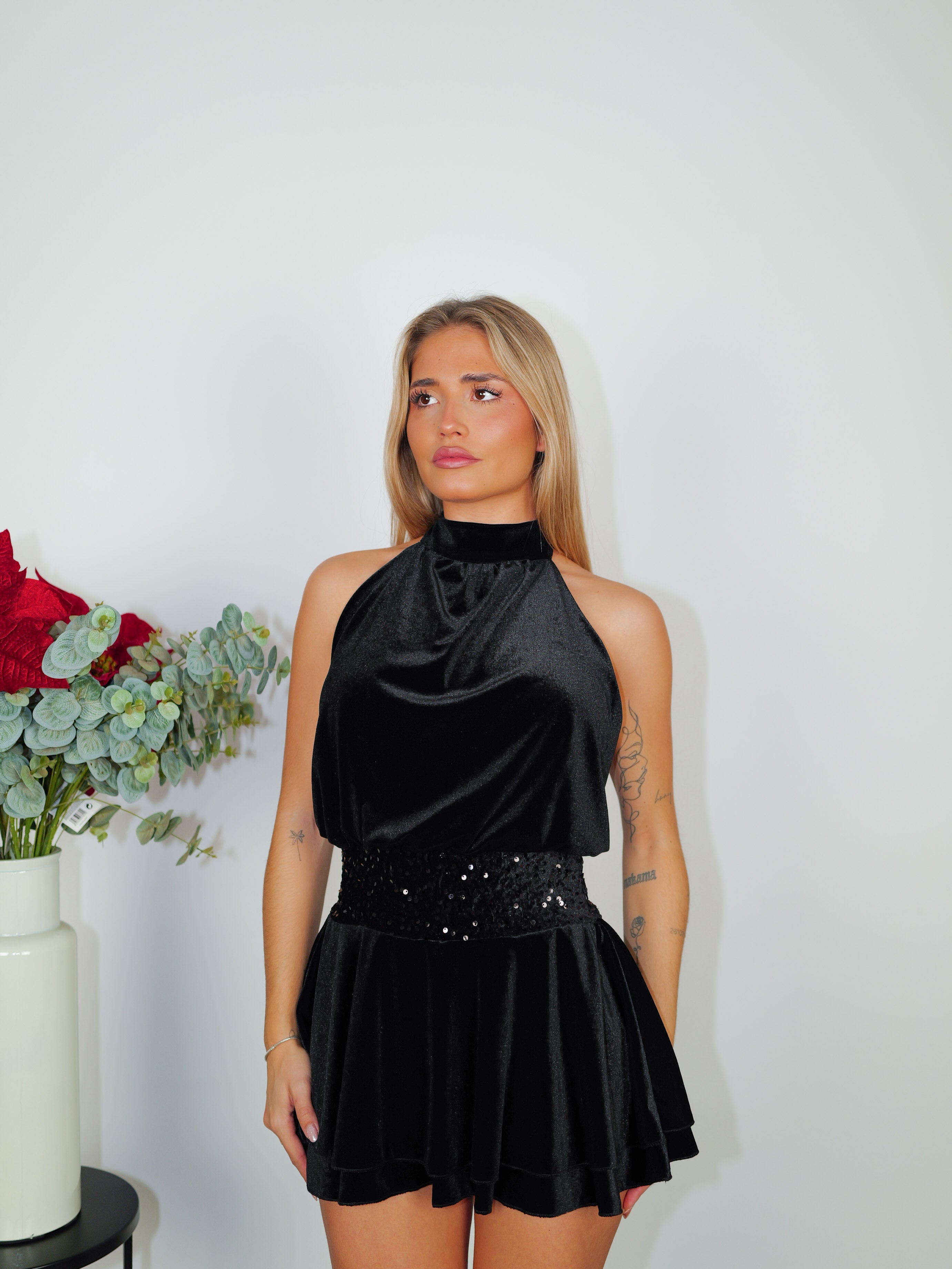 Jumpsuit mini velvet waist glitter glitter black