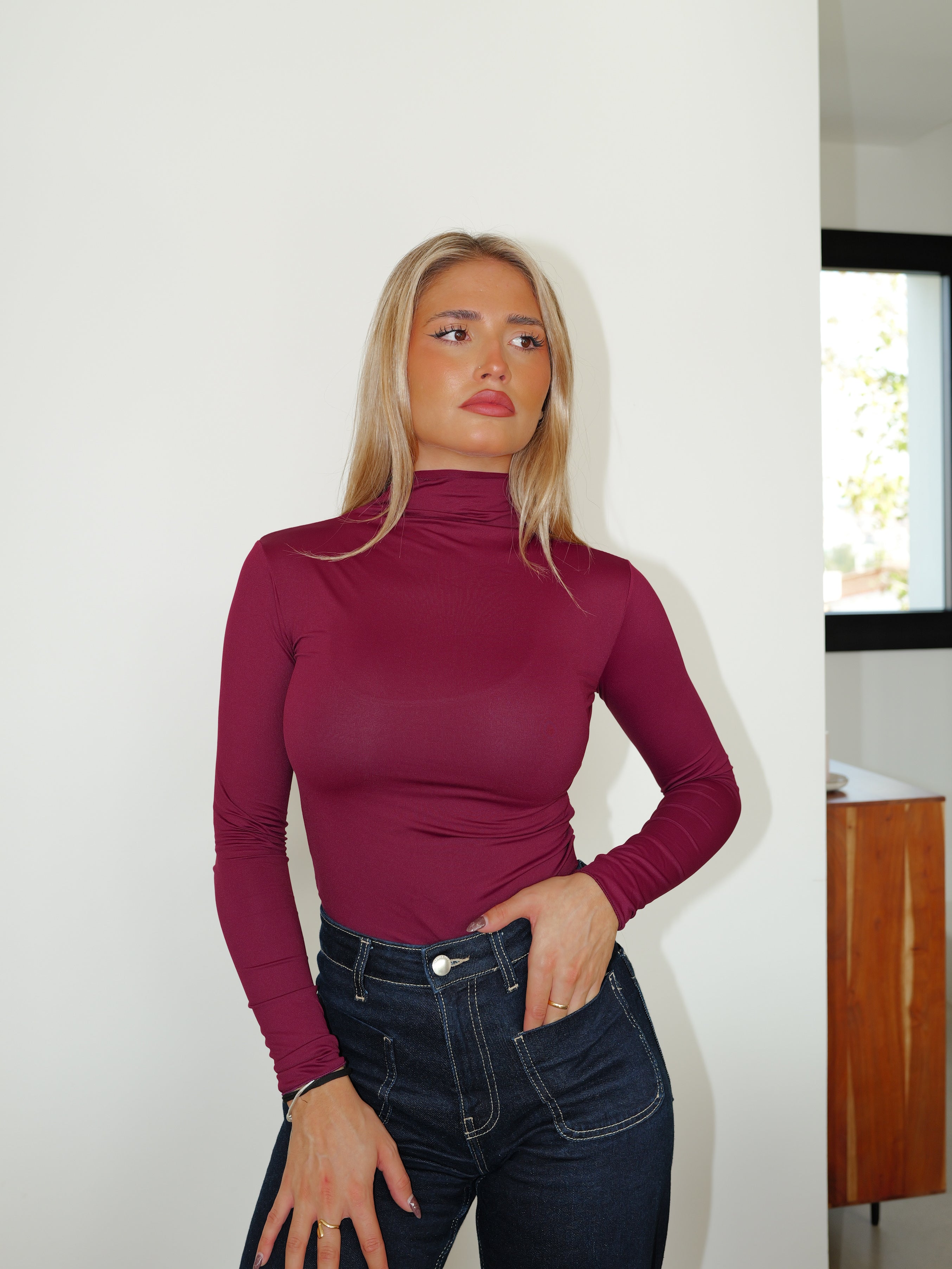 Burgundy lycra swan neck t-shirt