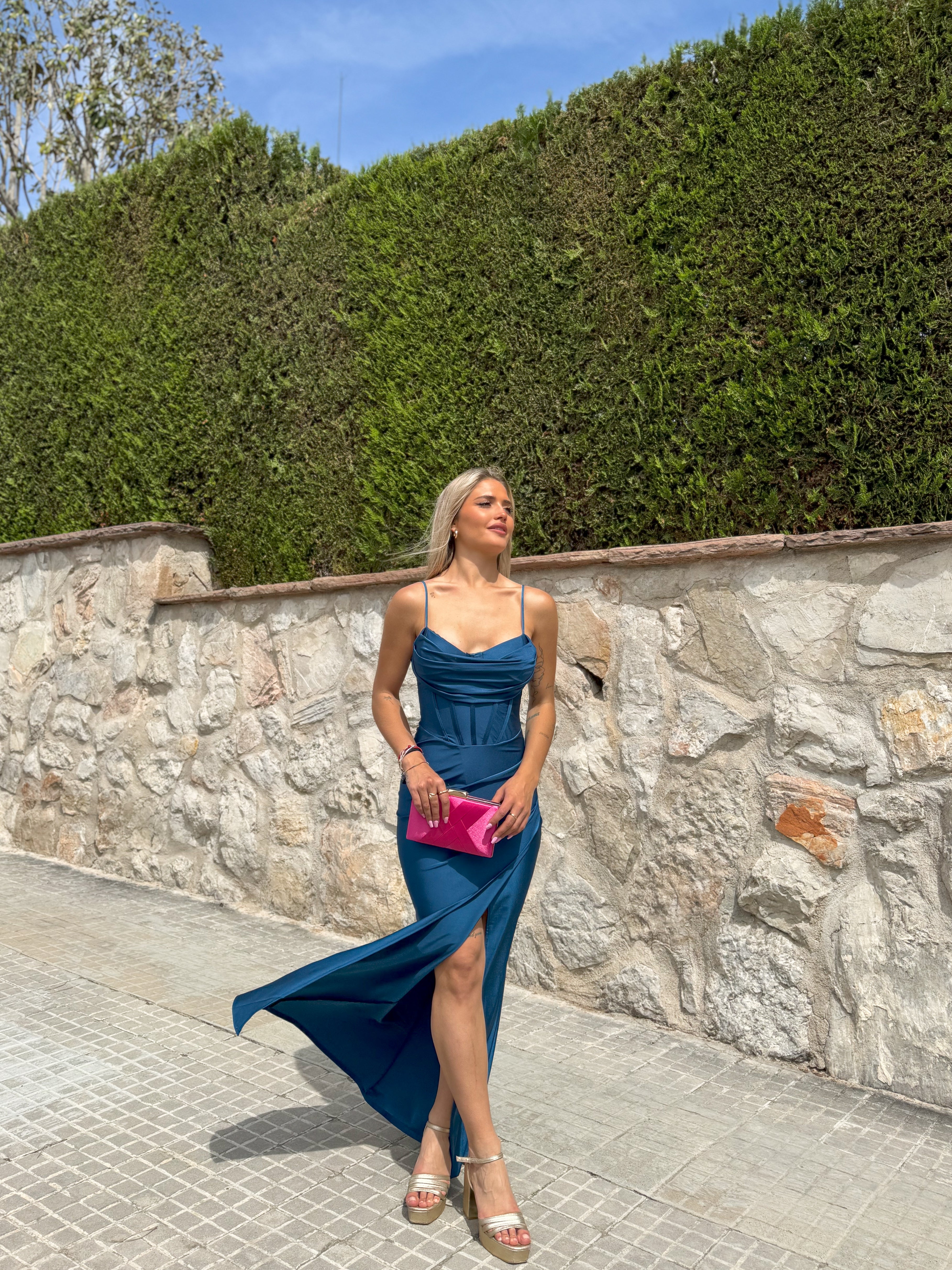 Long satin corset dress TEAL