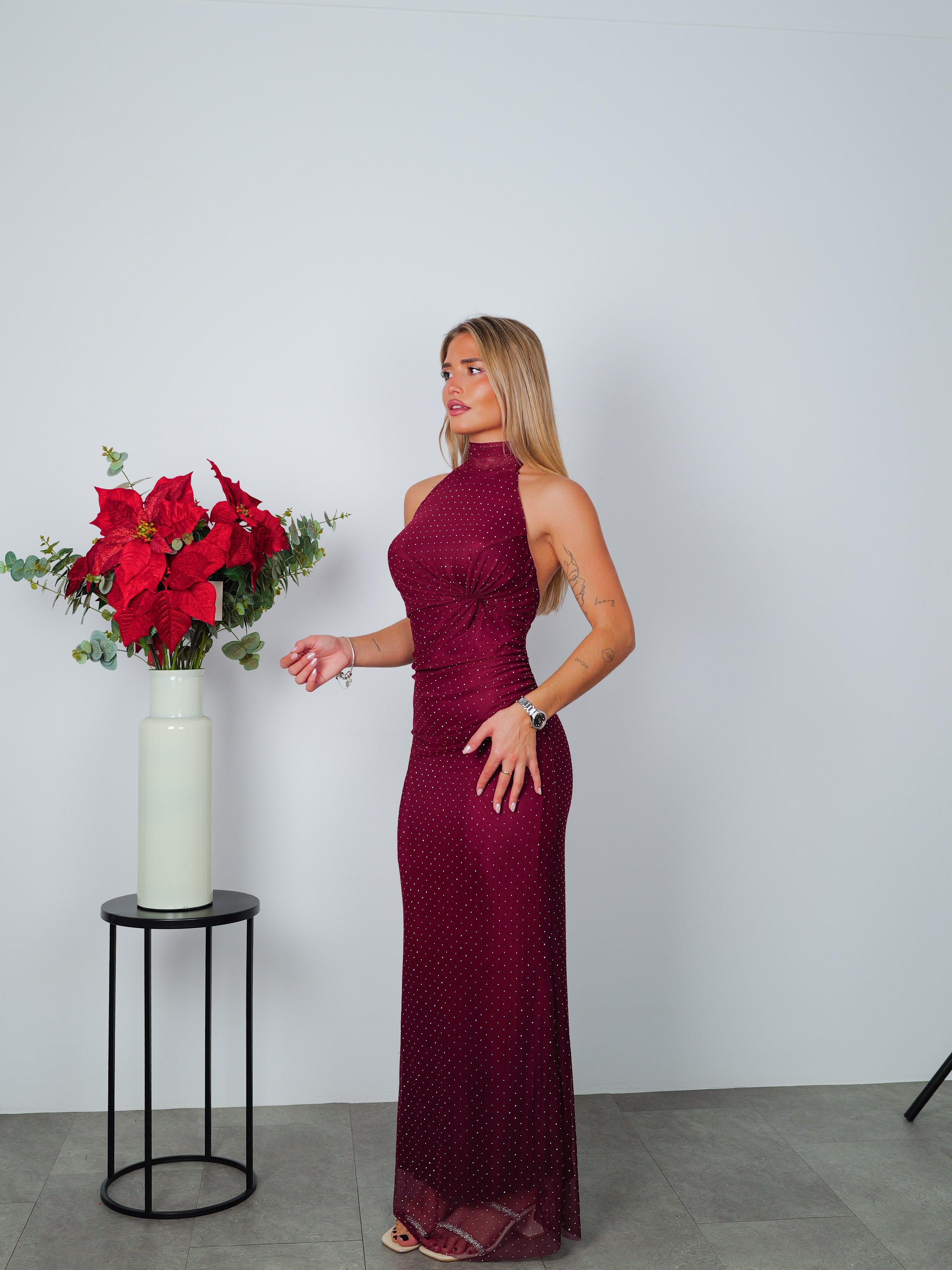 Long halter dress with burgundy glitter tulle