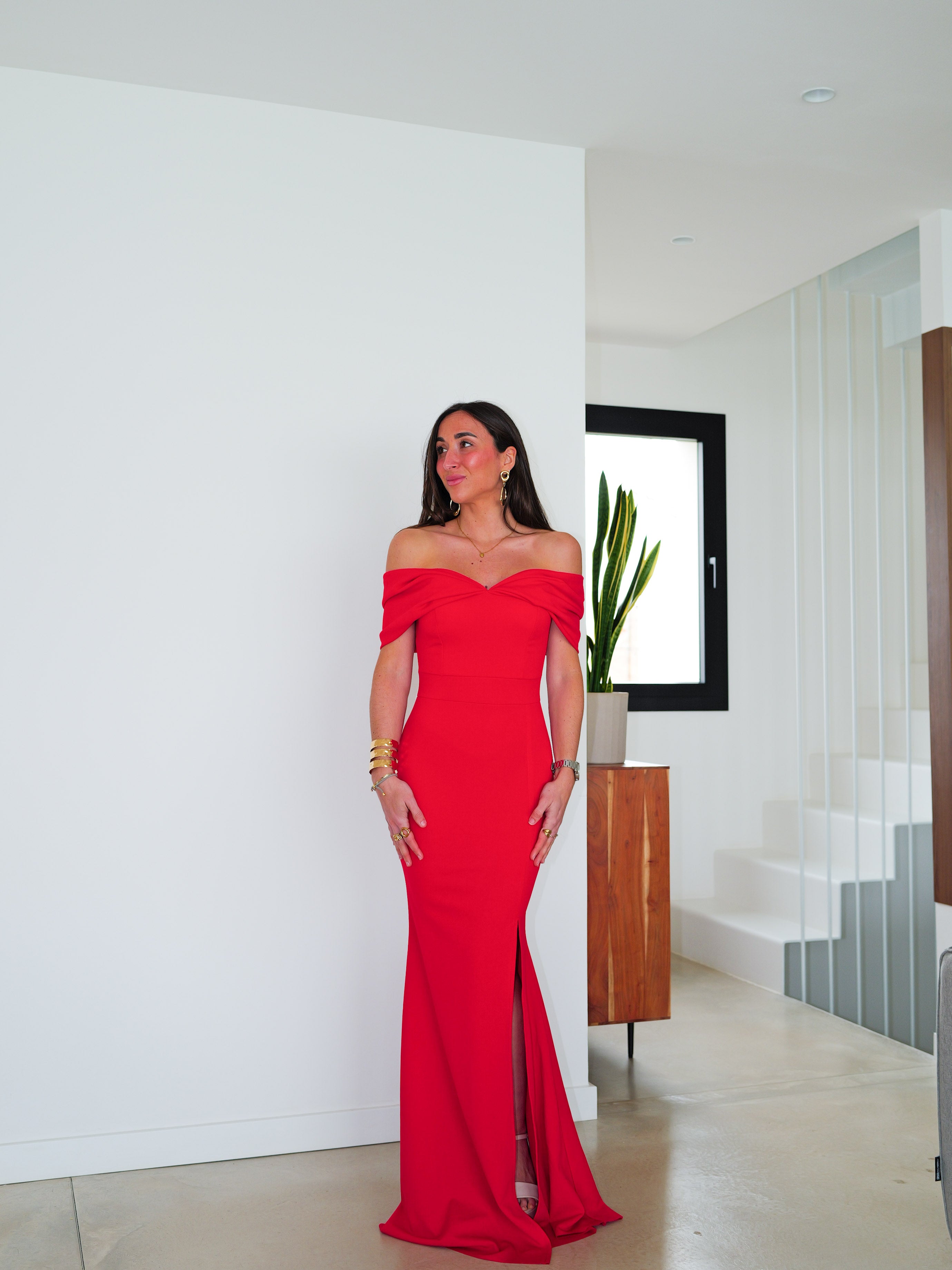 Red bow effect bardot dress