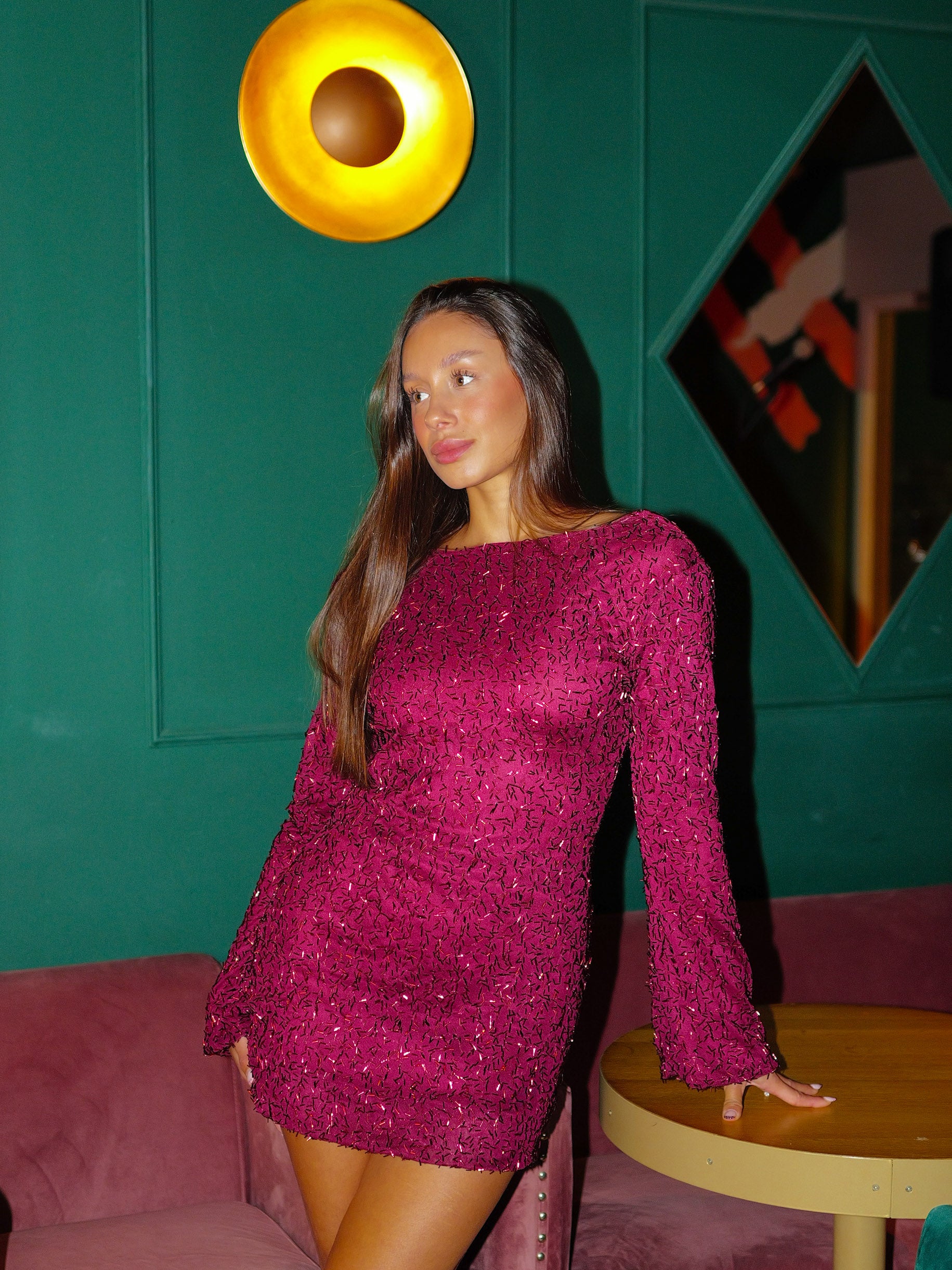 Waterfall burgundy textured mini dress