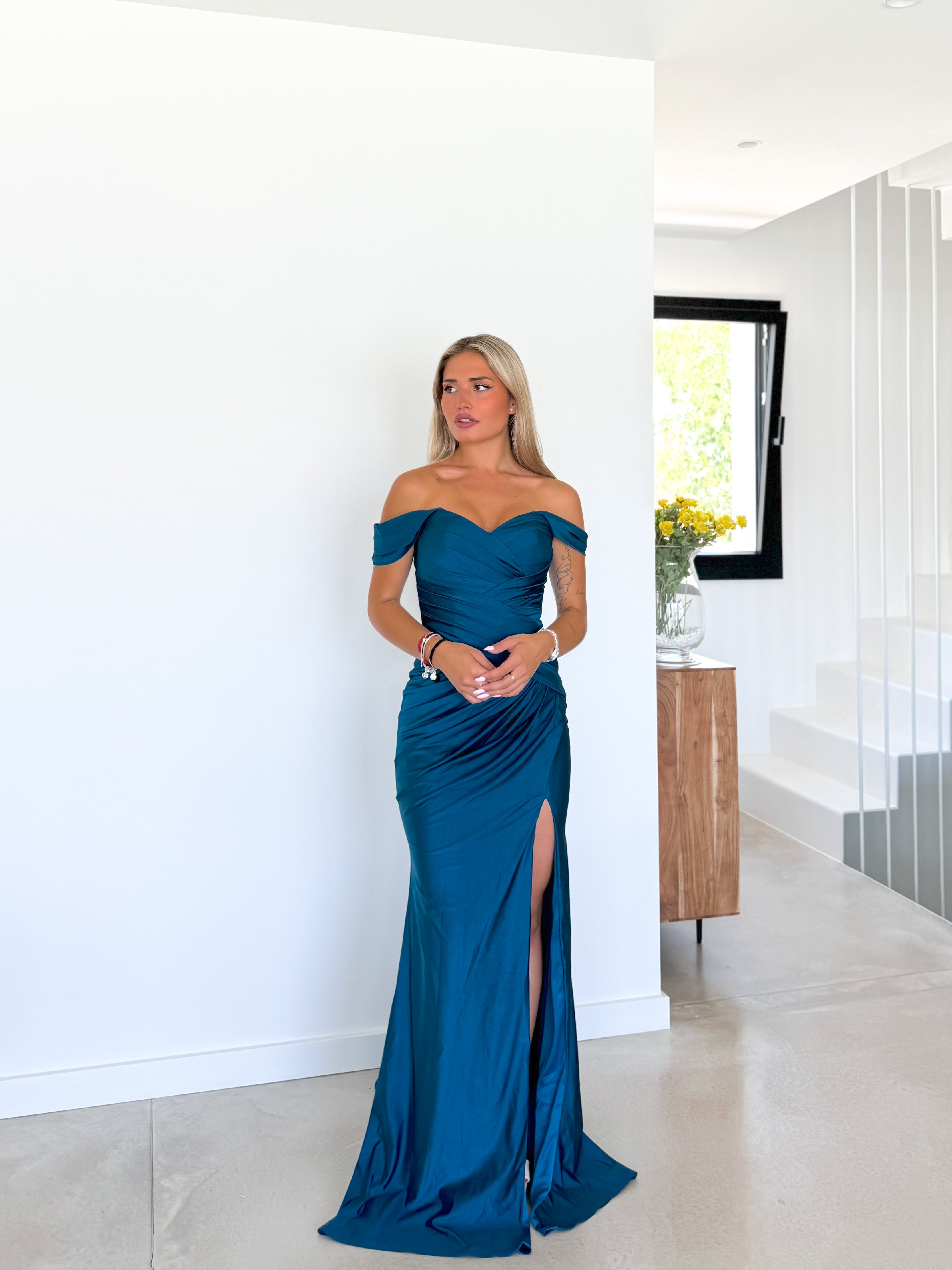 Boat dress with criss-cross gathering TEAL