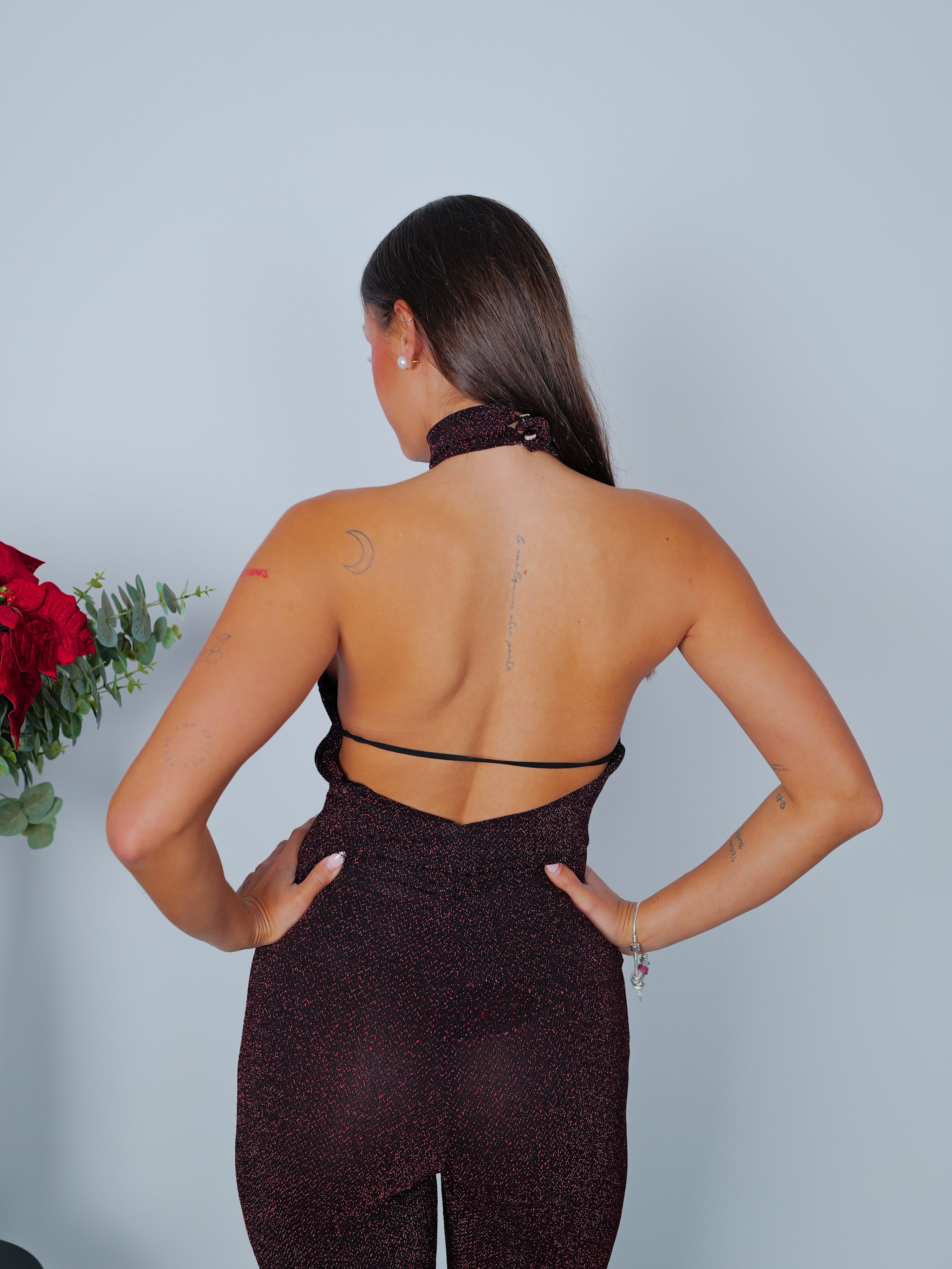 Jumpsuit lurex halter neck burgundy