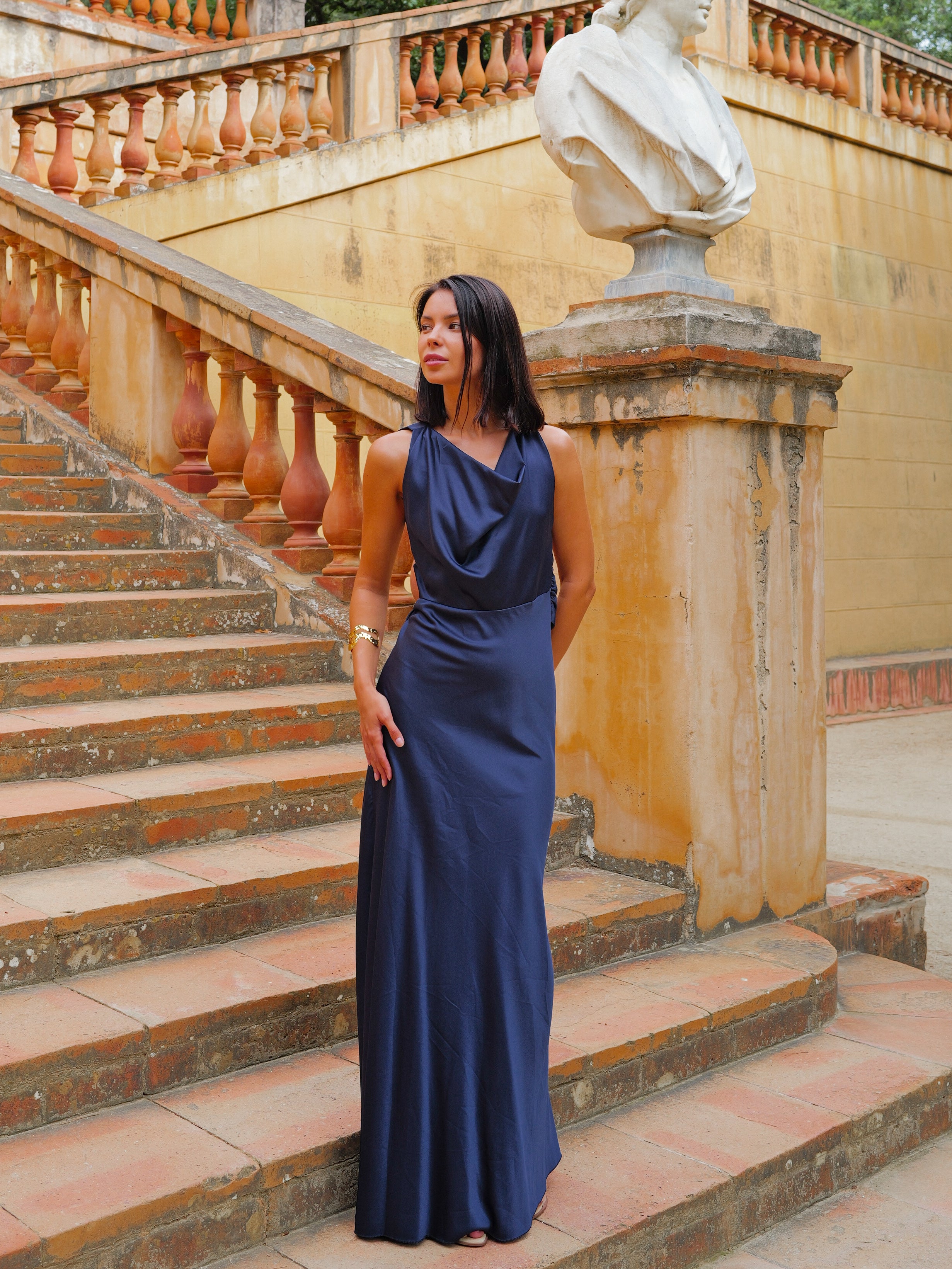 Navy satin cascade dress