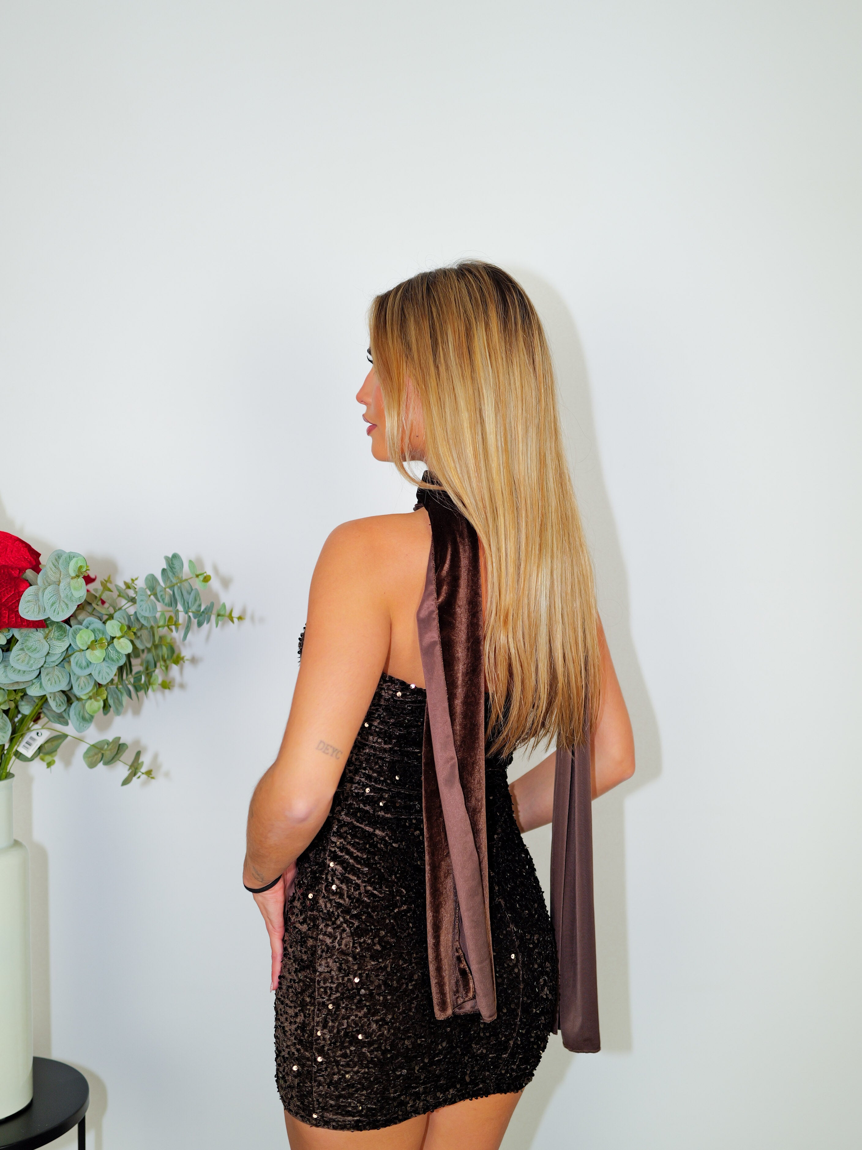 Chocolate glitter word mini choker dress