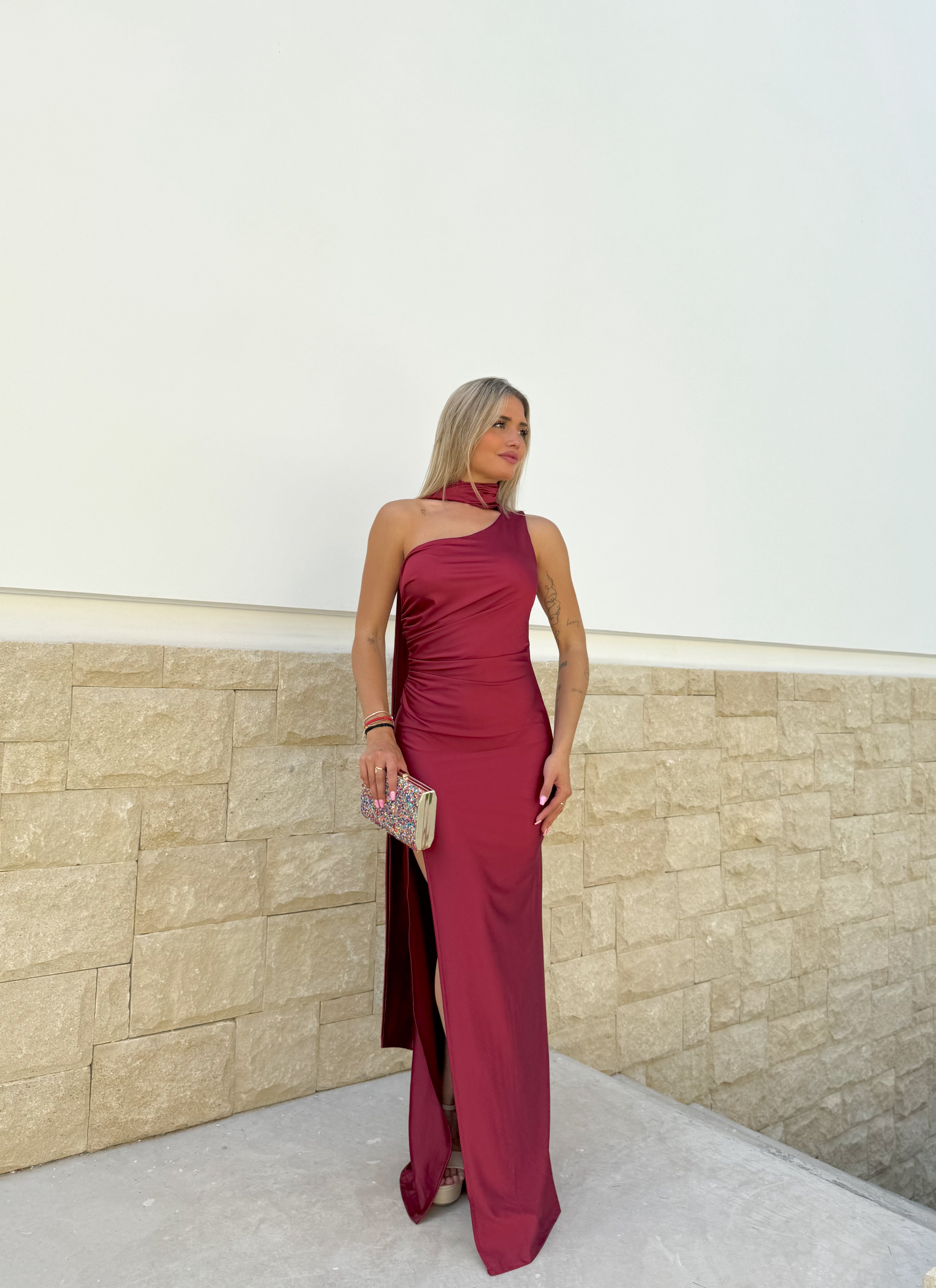 Asym choker dress burgundy back