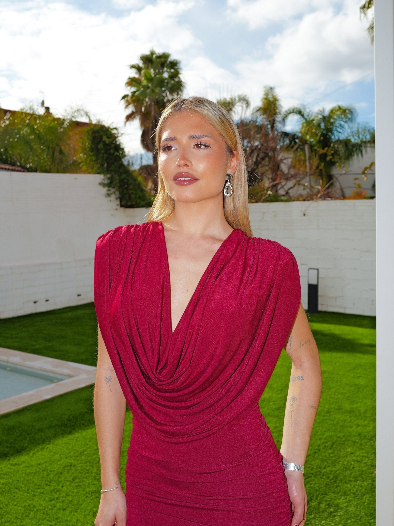 Burgundy waterfall neckline maxi dress - SORELLAS