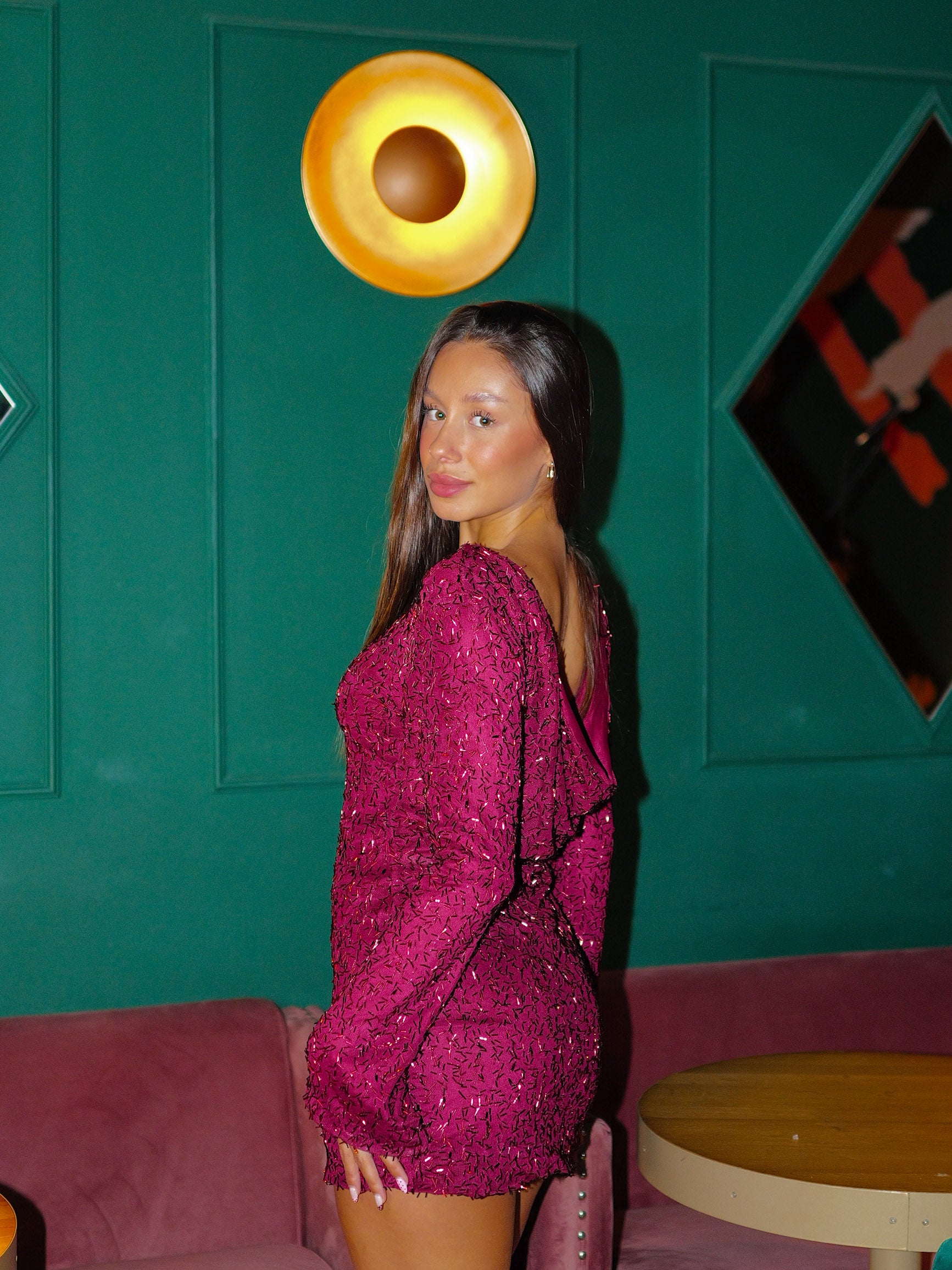 Waterfall burgundy textured mini dress