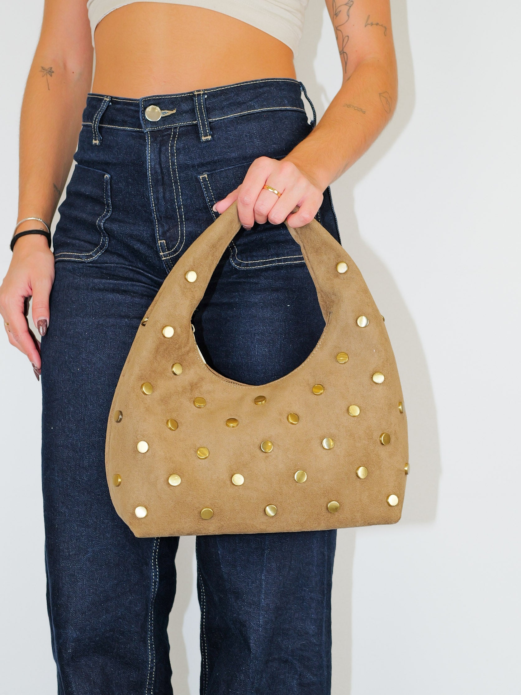 Toasted golden studded handle bag