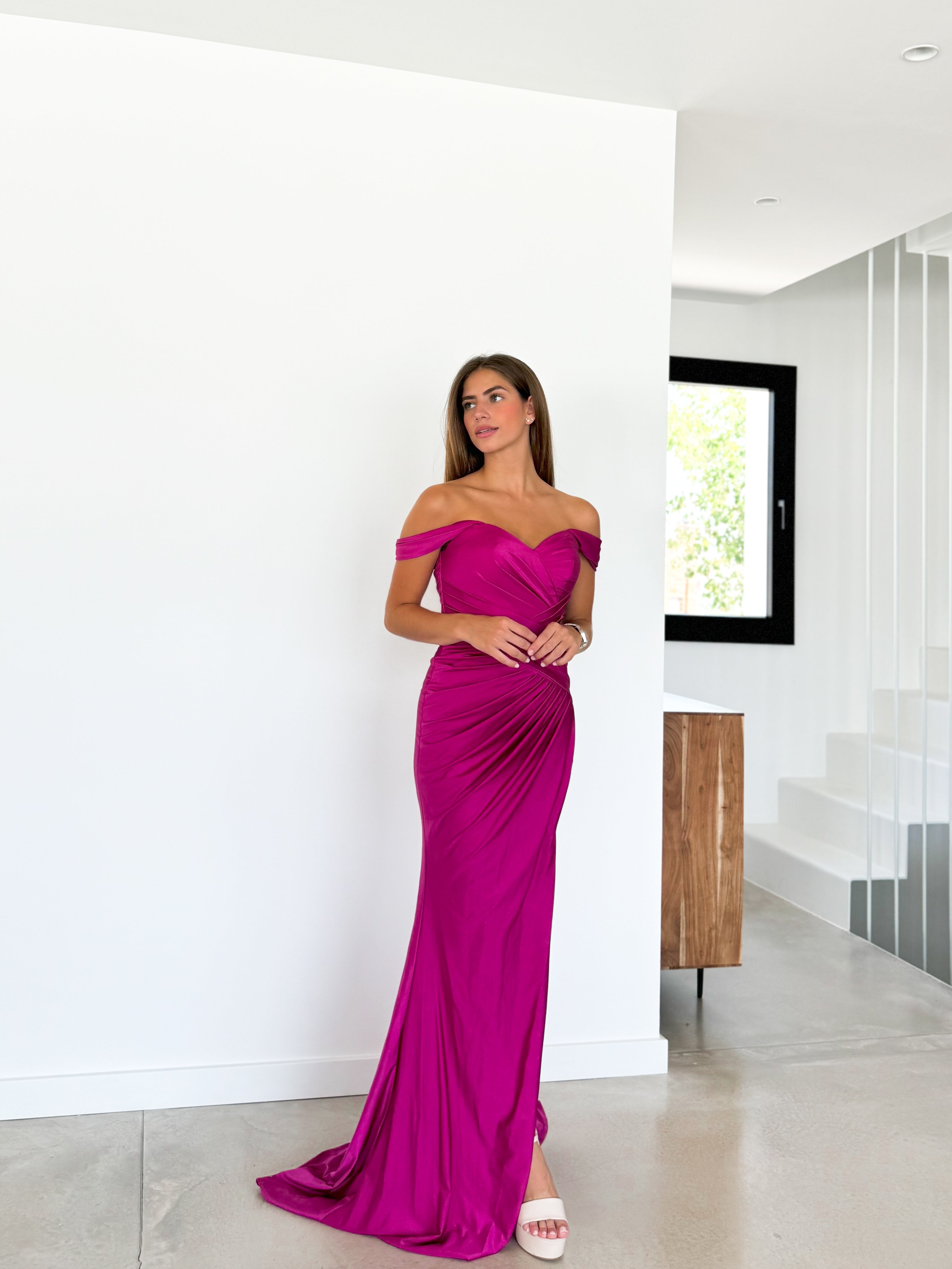 Boat dress with criss-cross gathering BOUGAINVILLEA