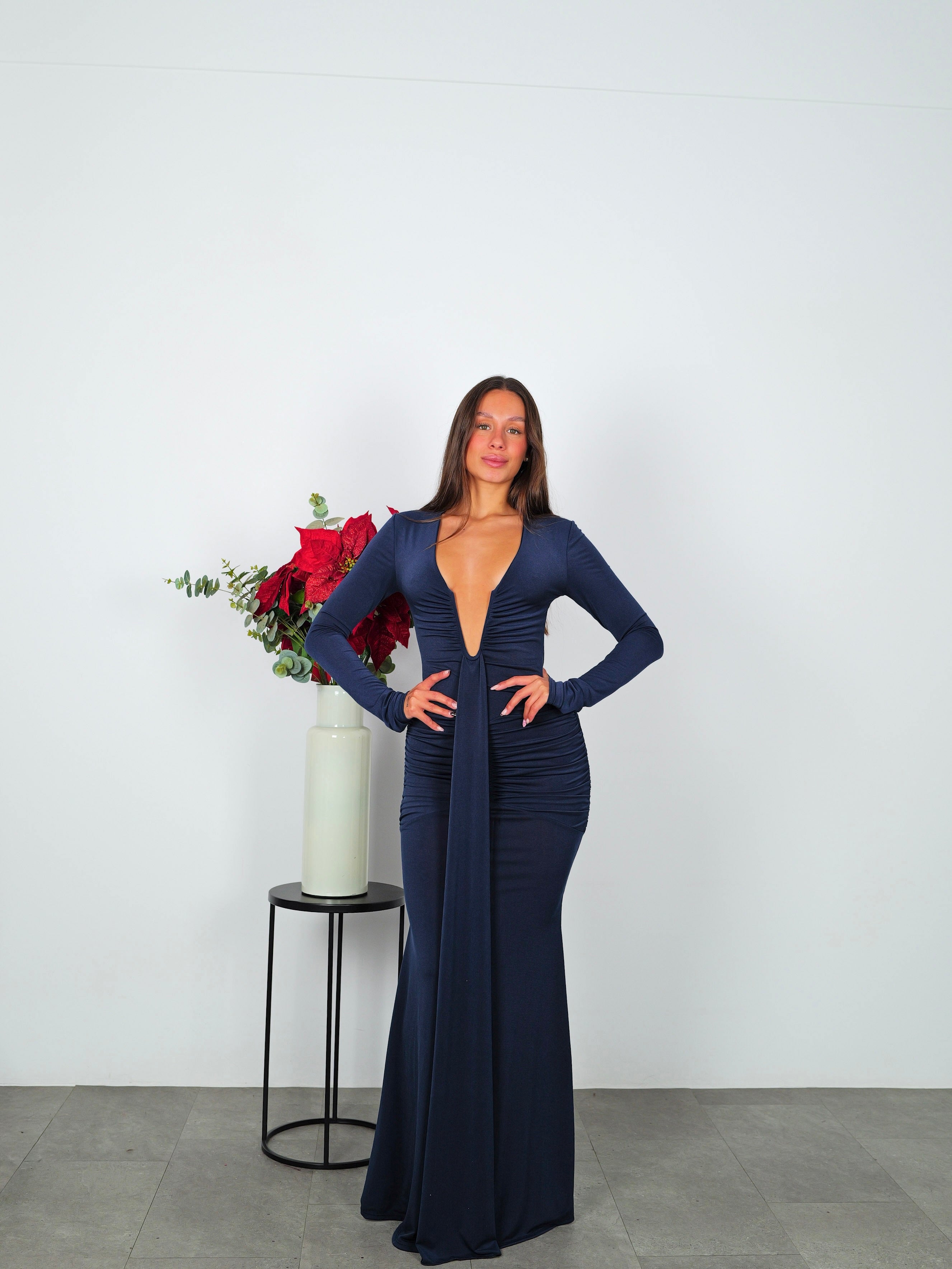 Long sleeve dress with navy band neckline