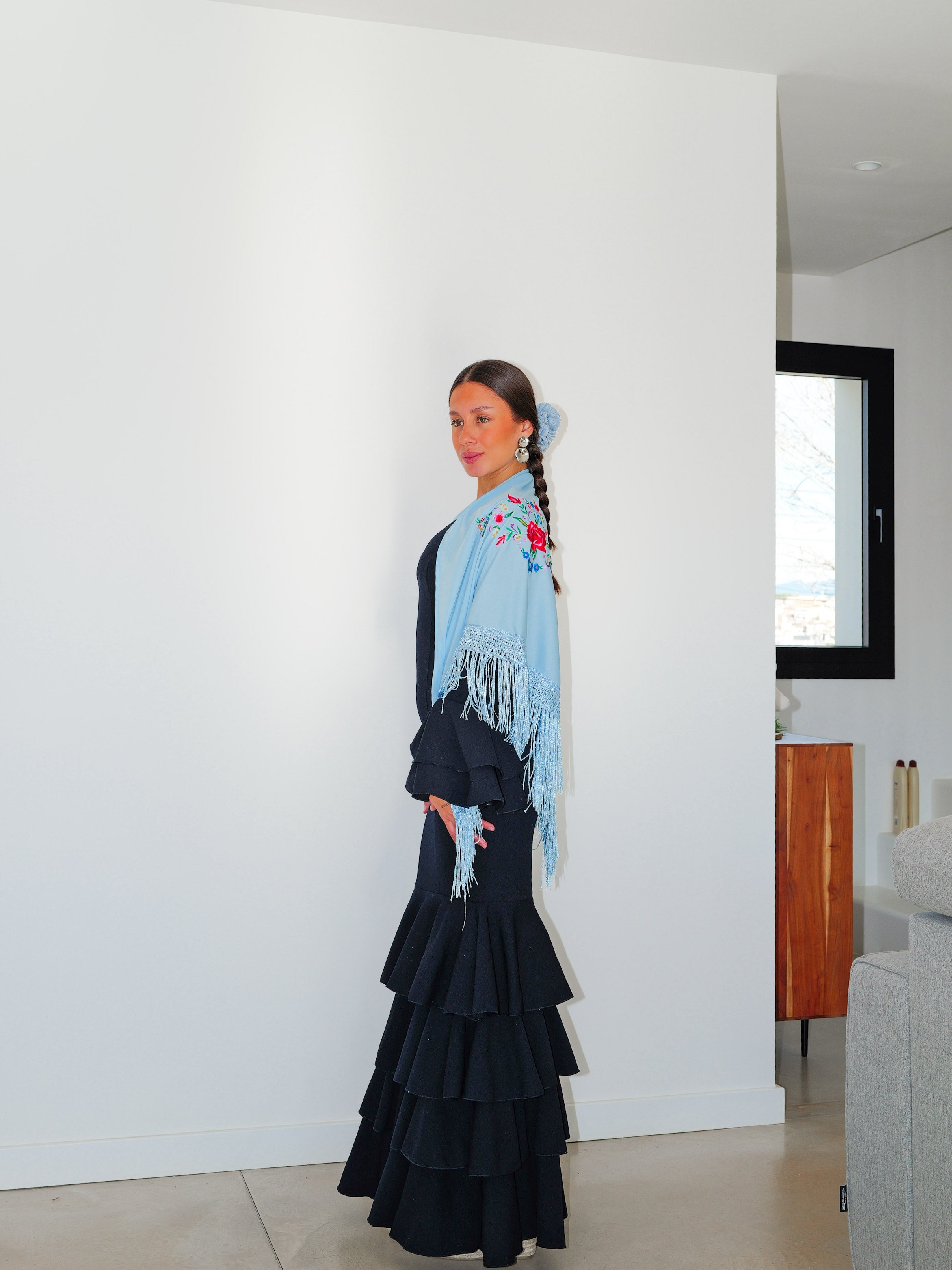 Flamenco shawl embroidered with light blue flowers