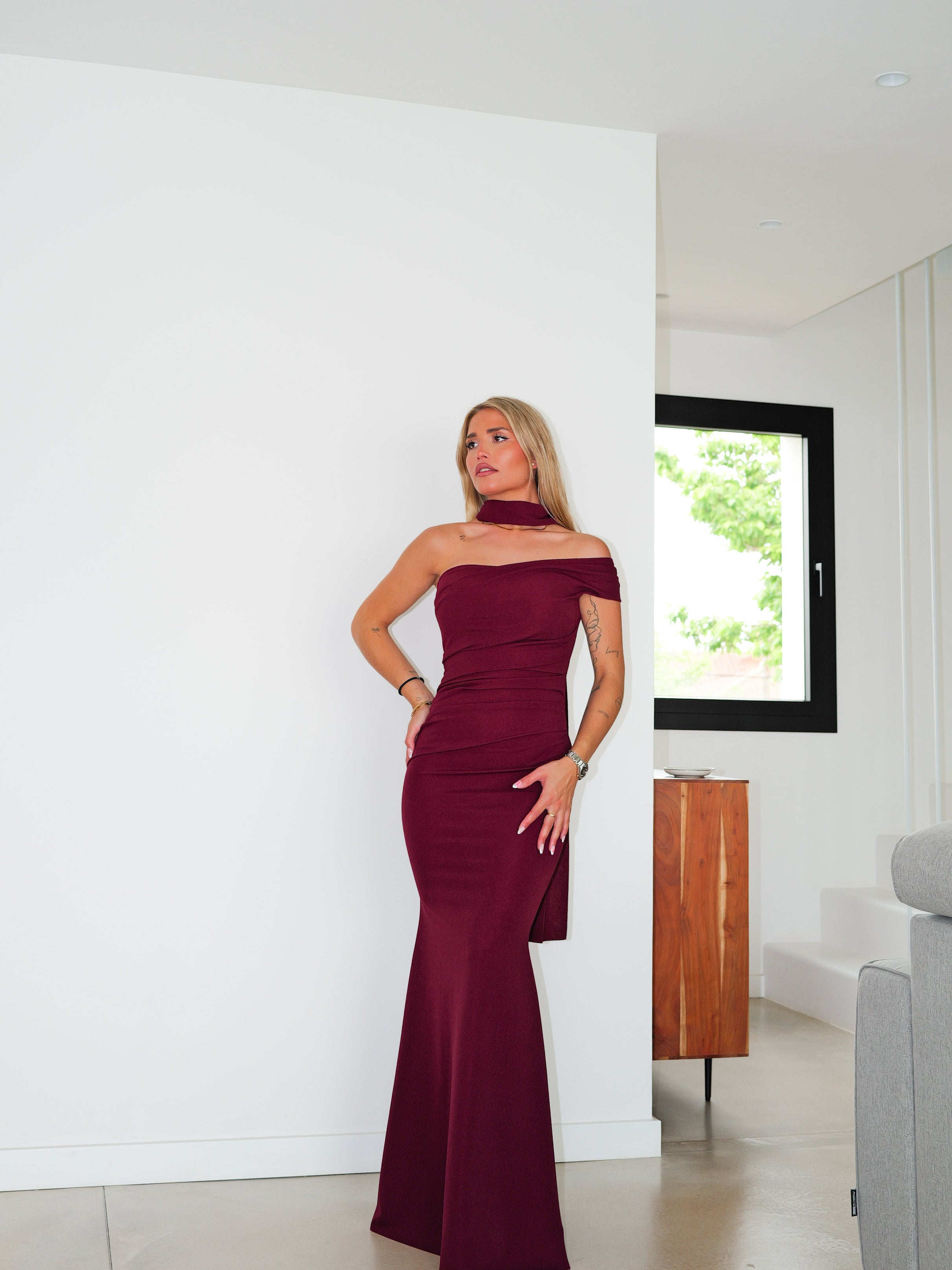 Asymmetrical burgundy choker dress with asymmetrical gathering