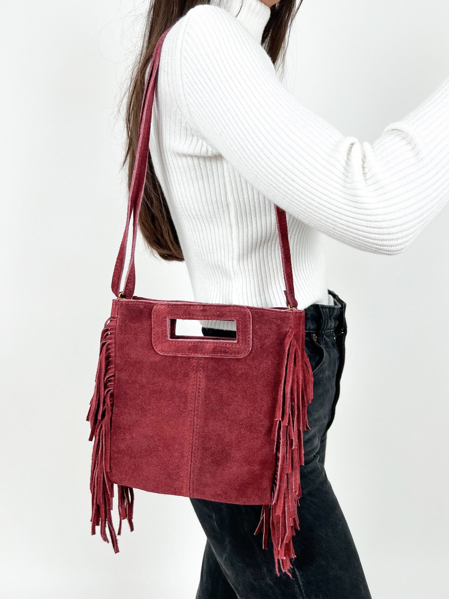 Bordeaux fringed leather bag