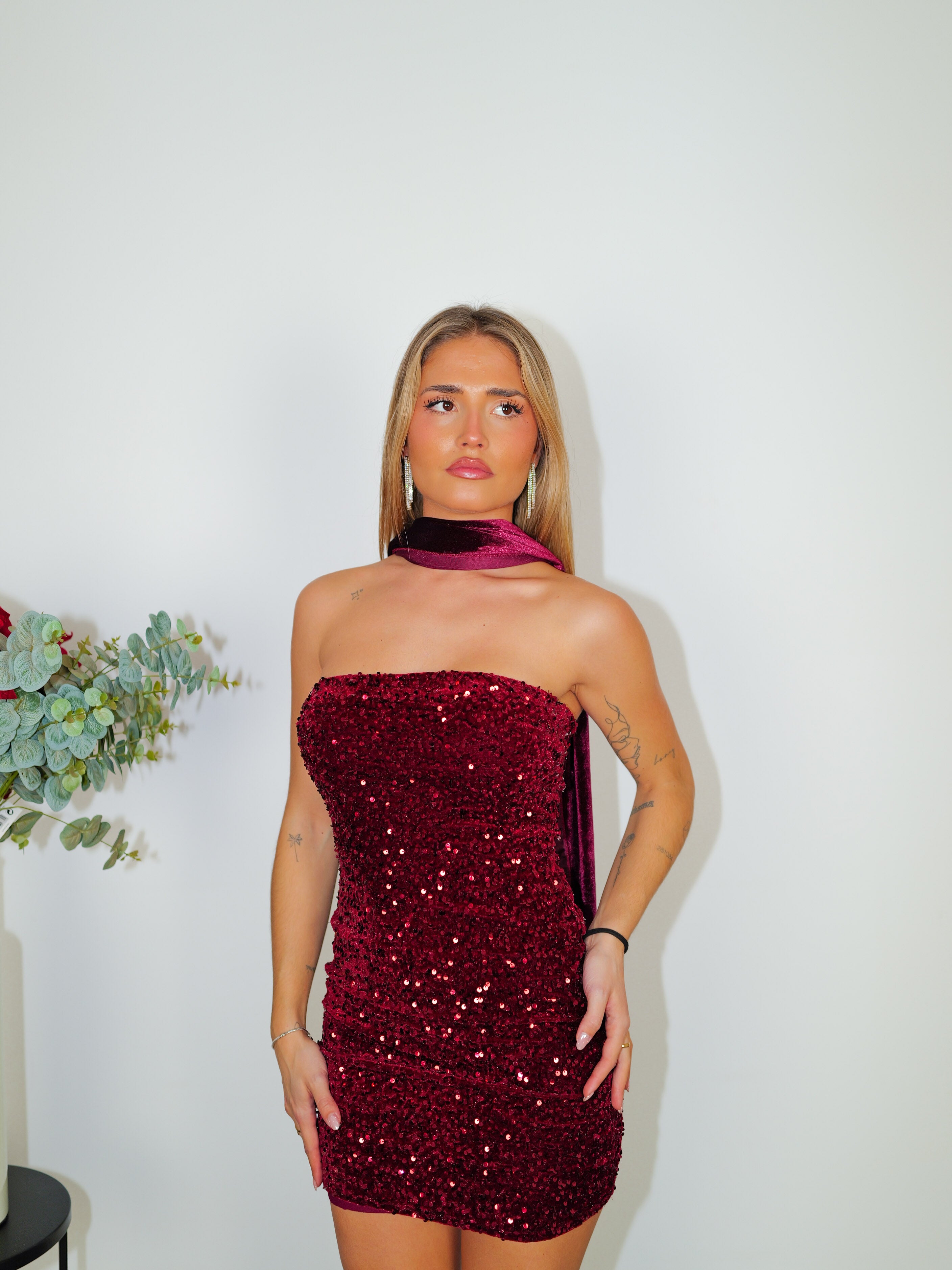 Burgundy glitter word mini choker dress