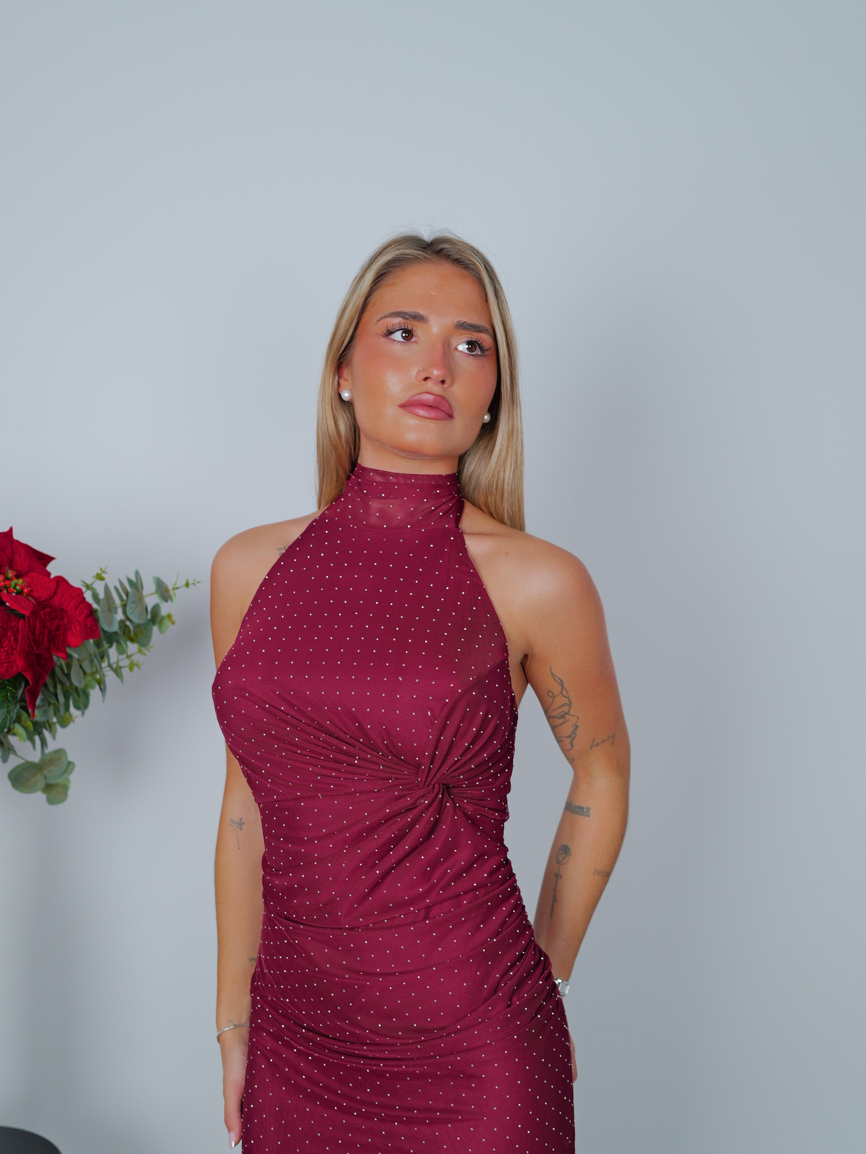 Long halter dress with burgundy glitter tulle