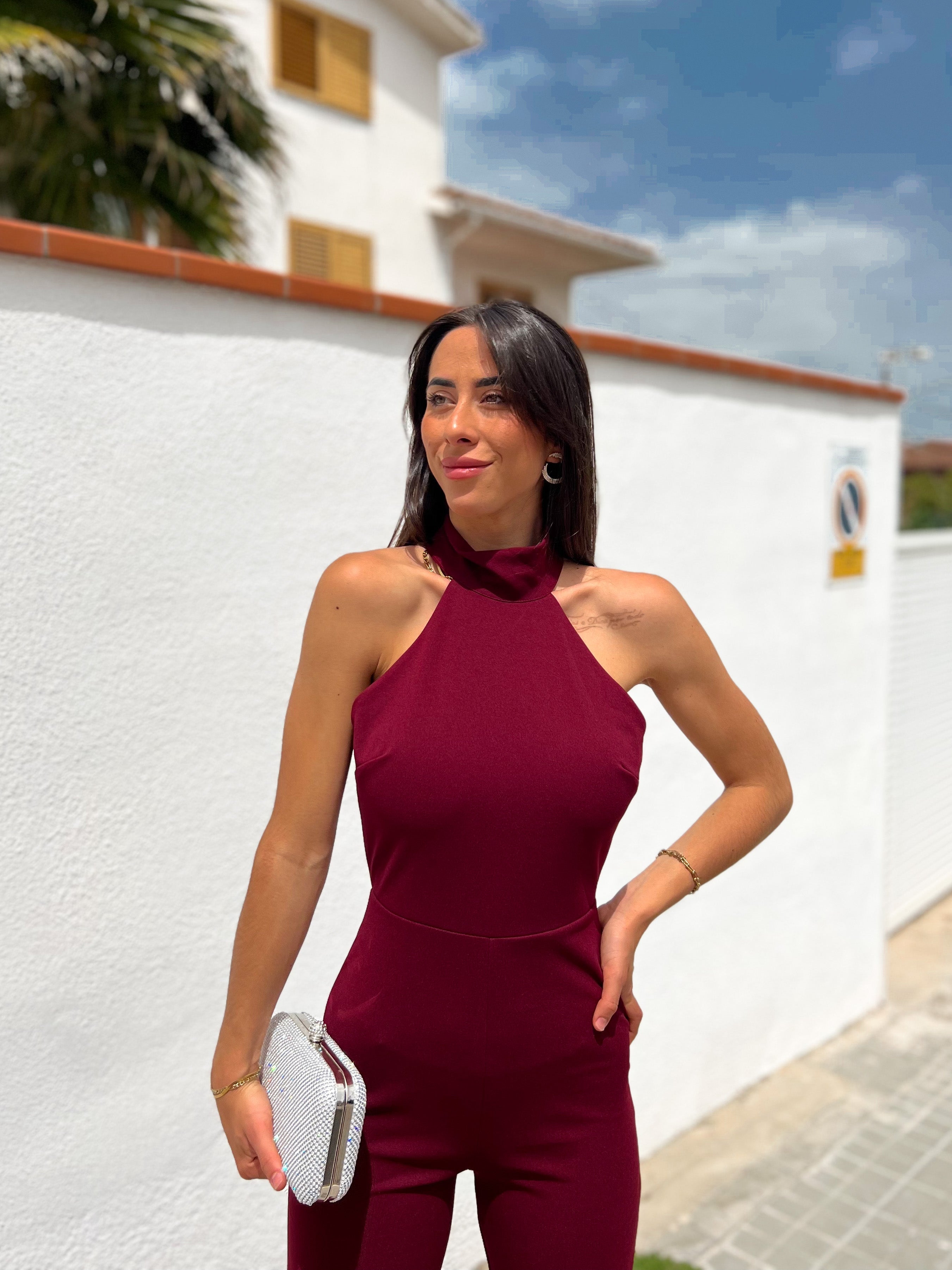 Wine crepe halter Jumpsuit
