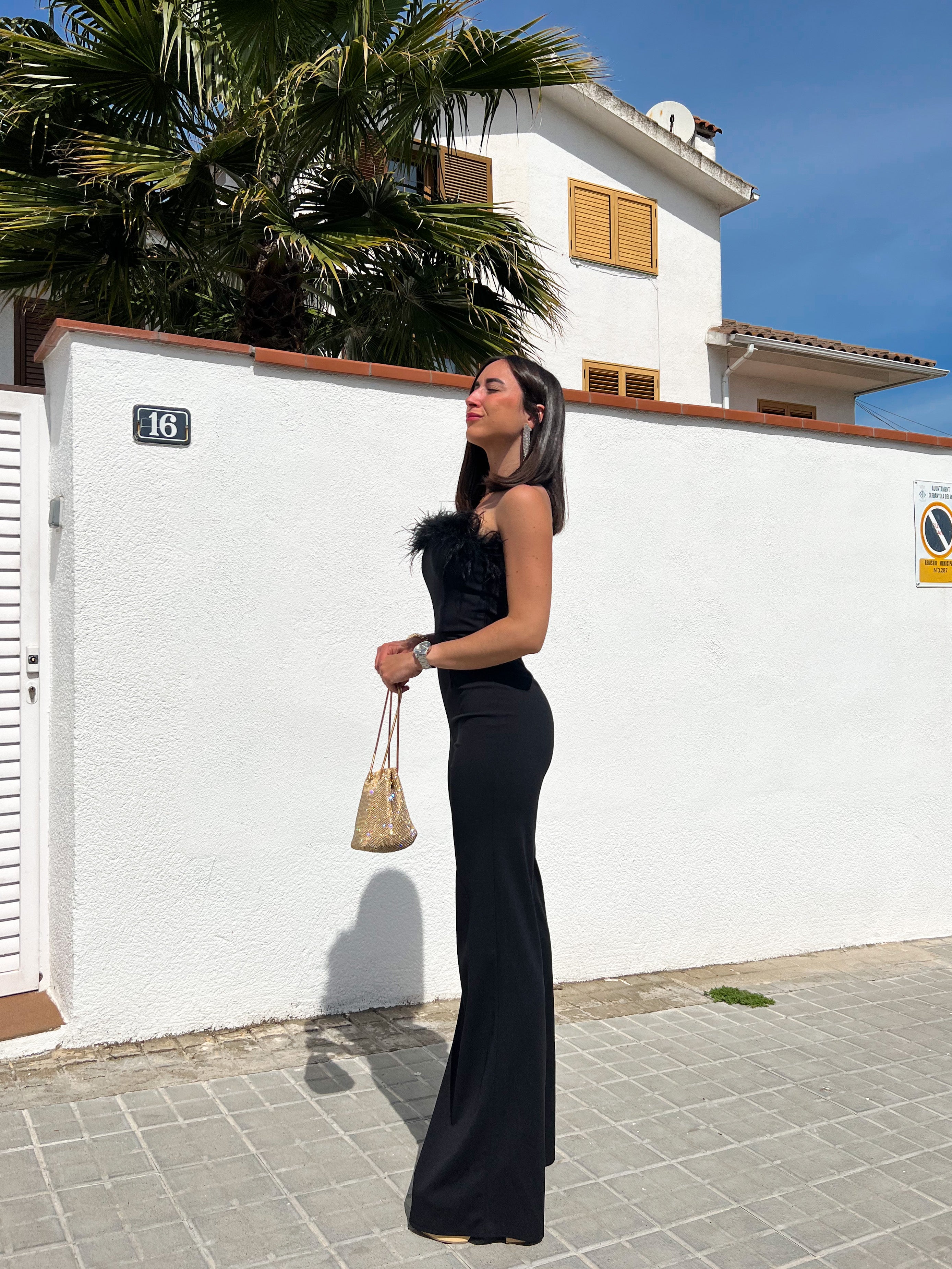 Jumpsuit long black feathers