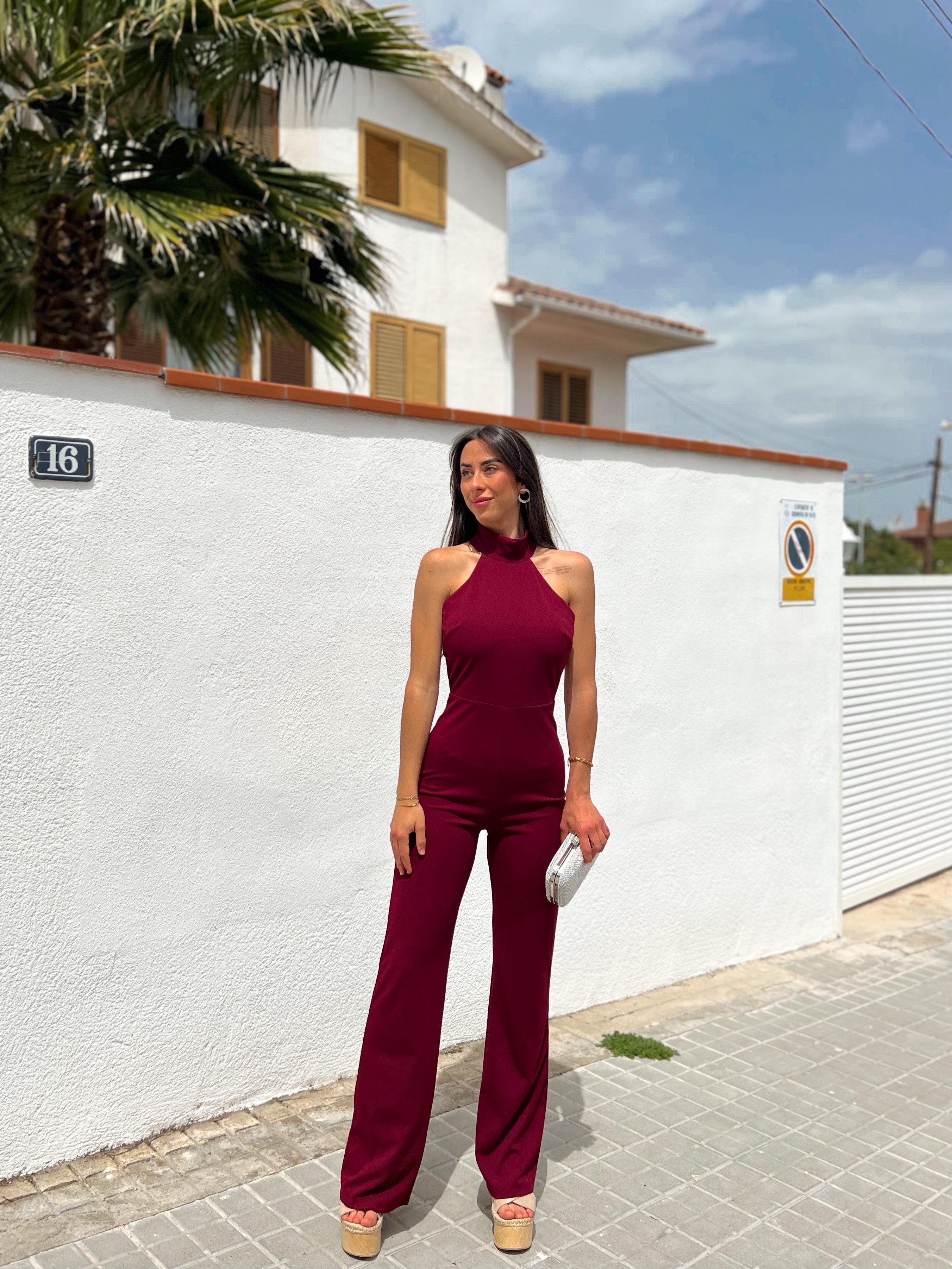 Wine crepe halter Jumpsuit