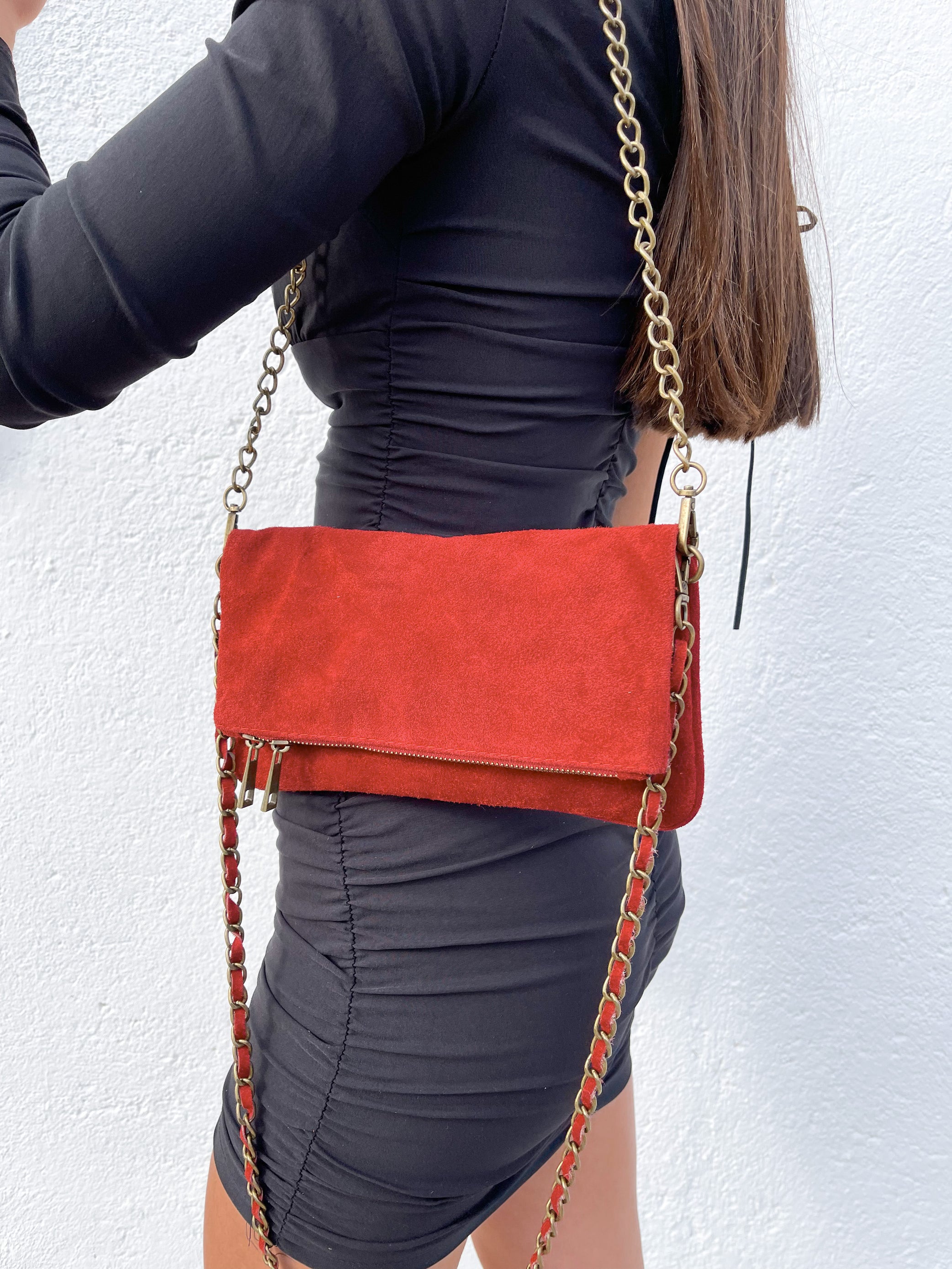 Burgundy suede chain leather bag