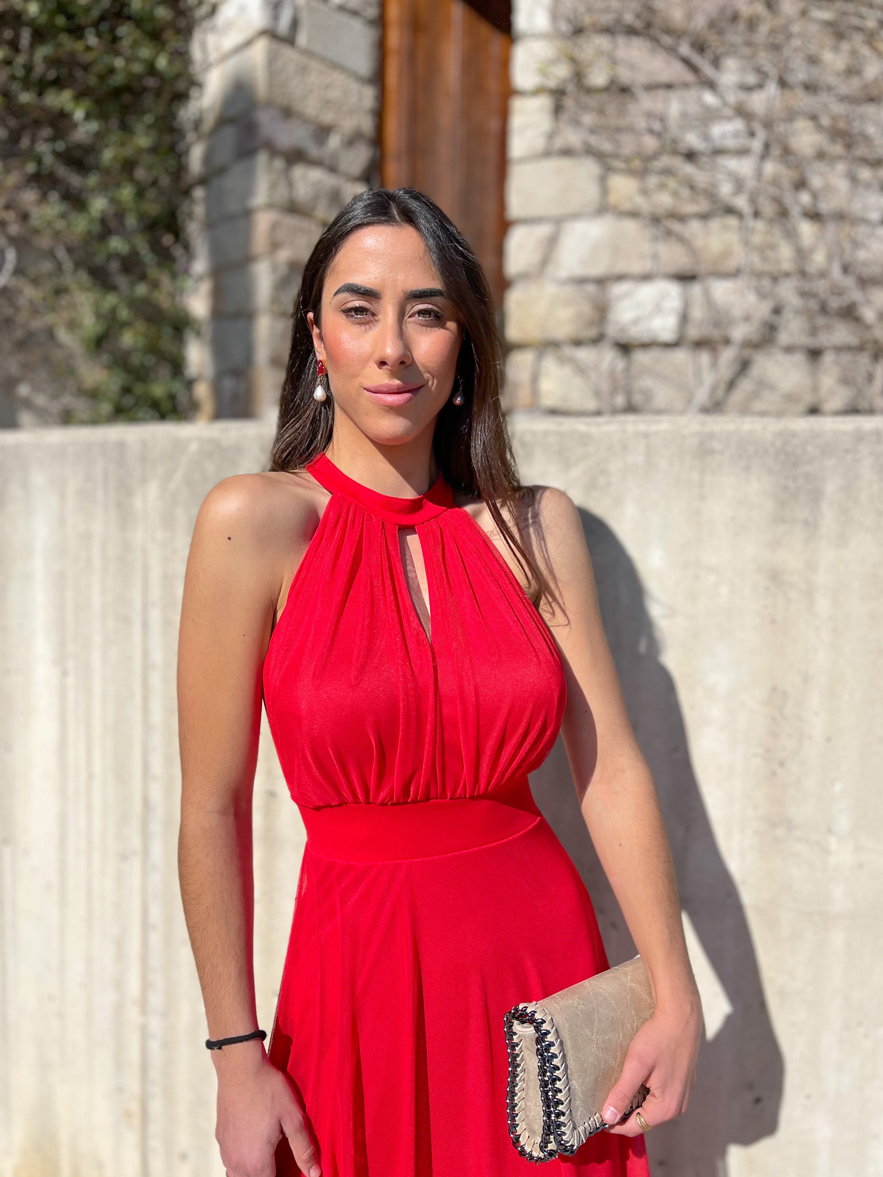 Red tulle halter band dress
