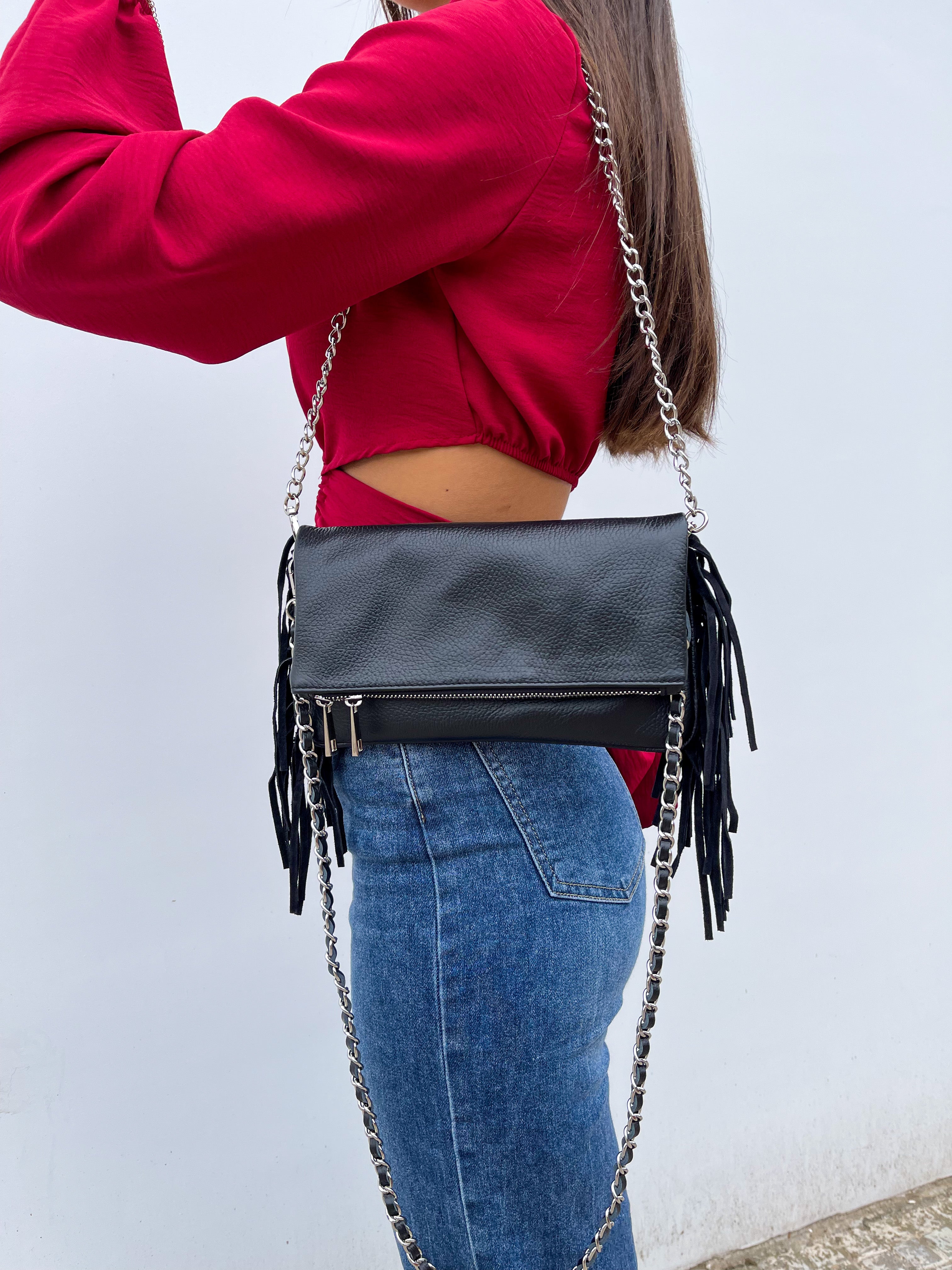 Black leather bag with fringed chains