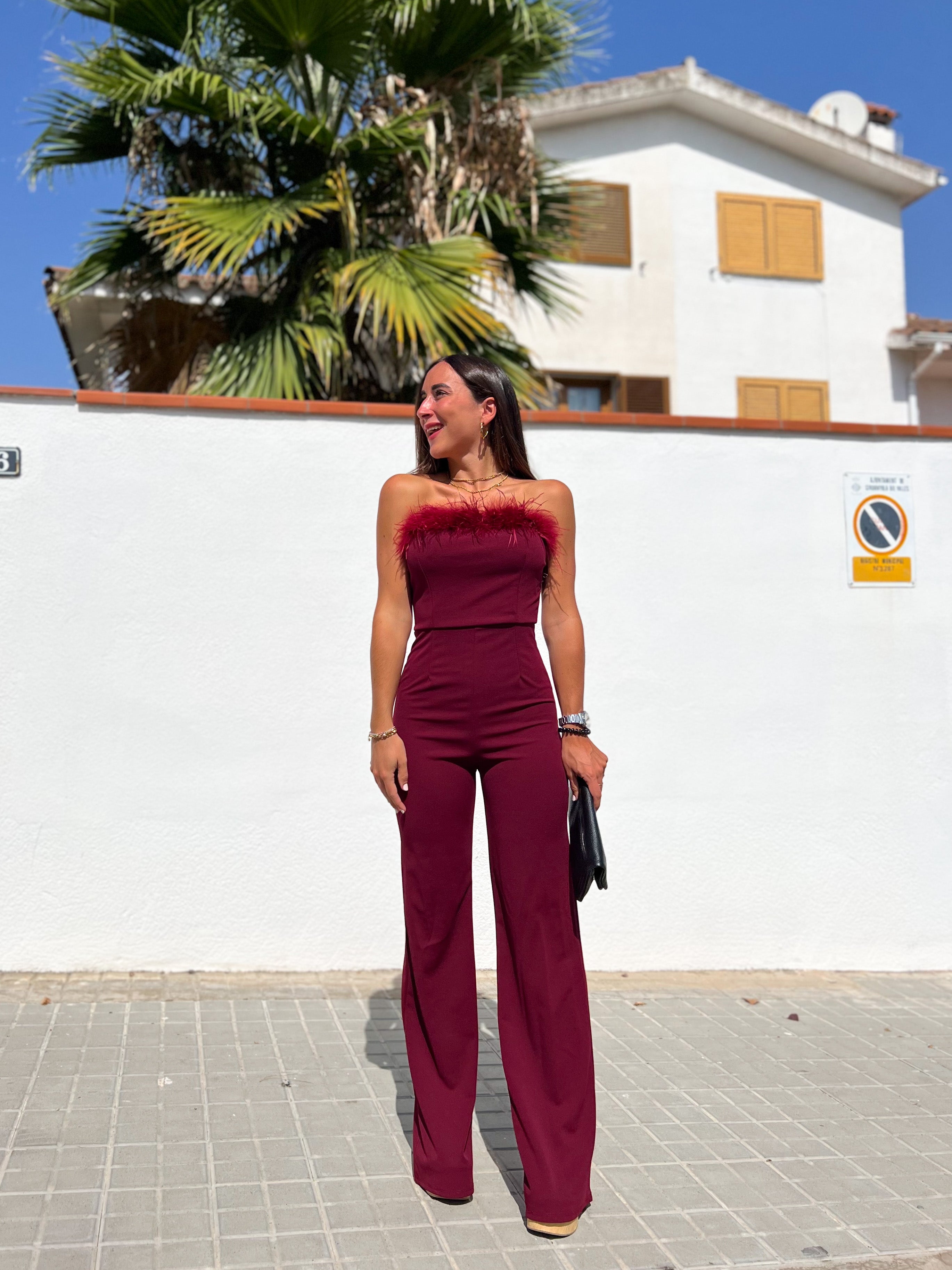 Burgundy feather long Jumpsuit