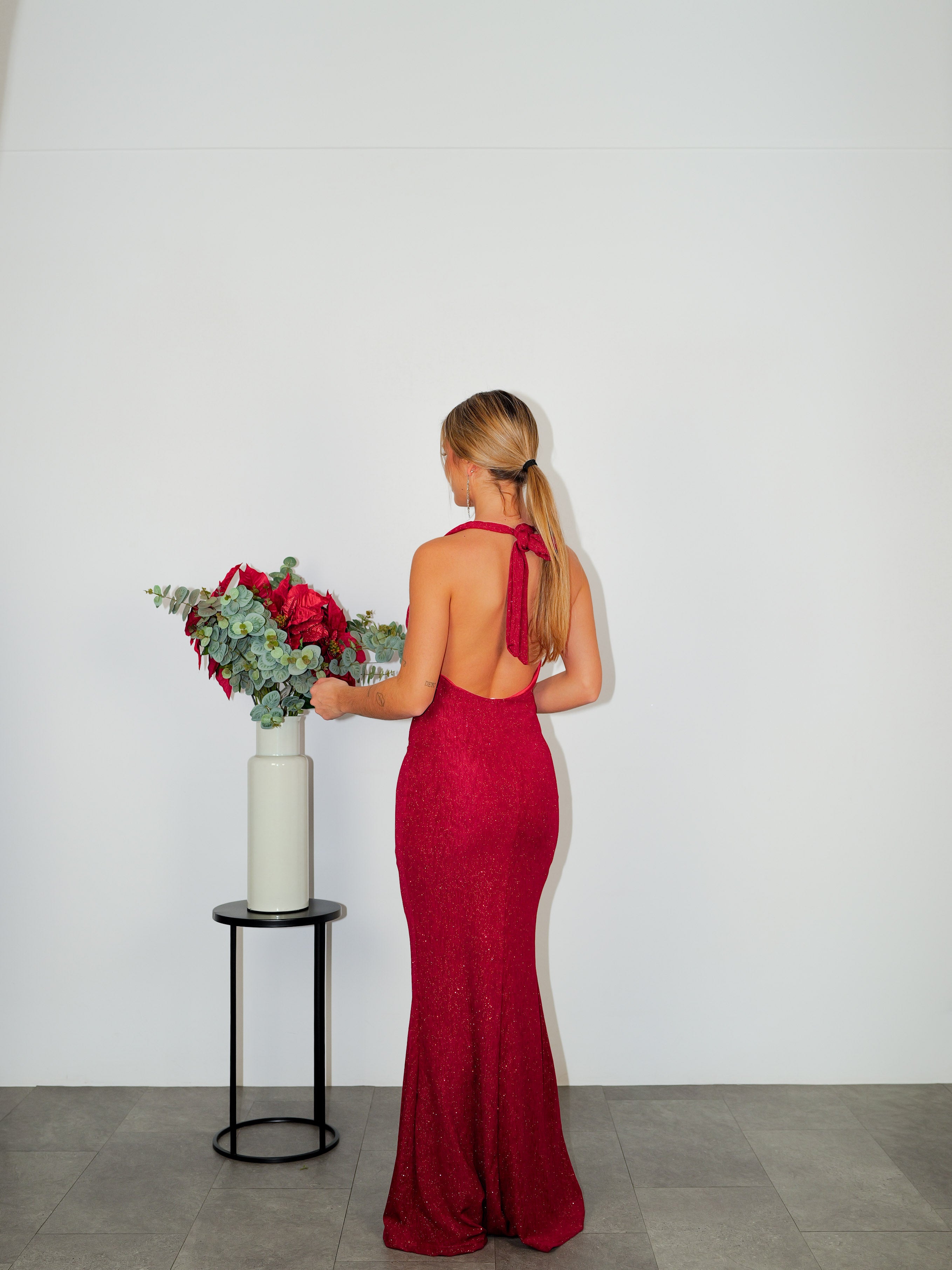 Robe longue lurex waterfall bordeaux