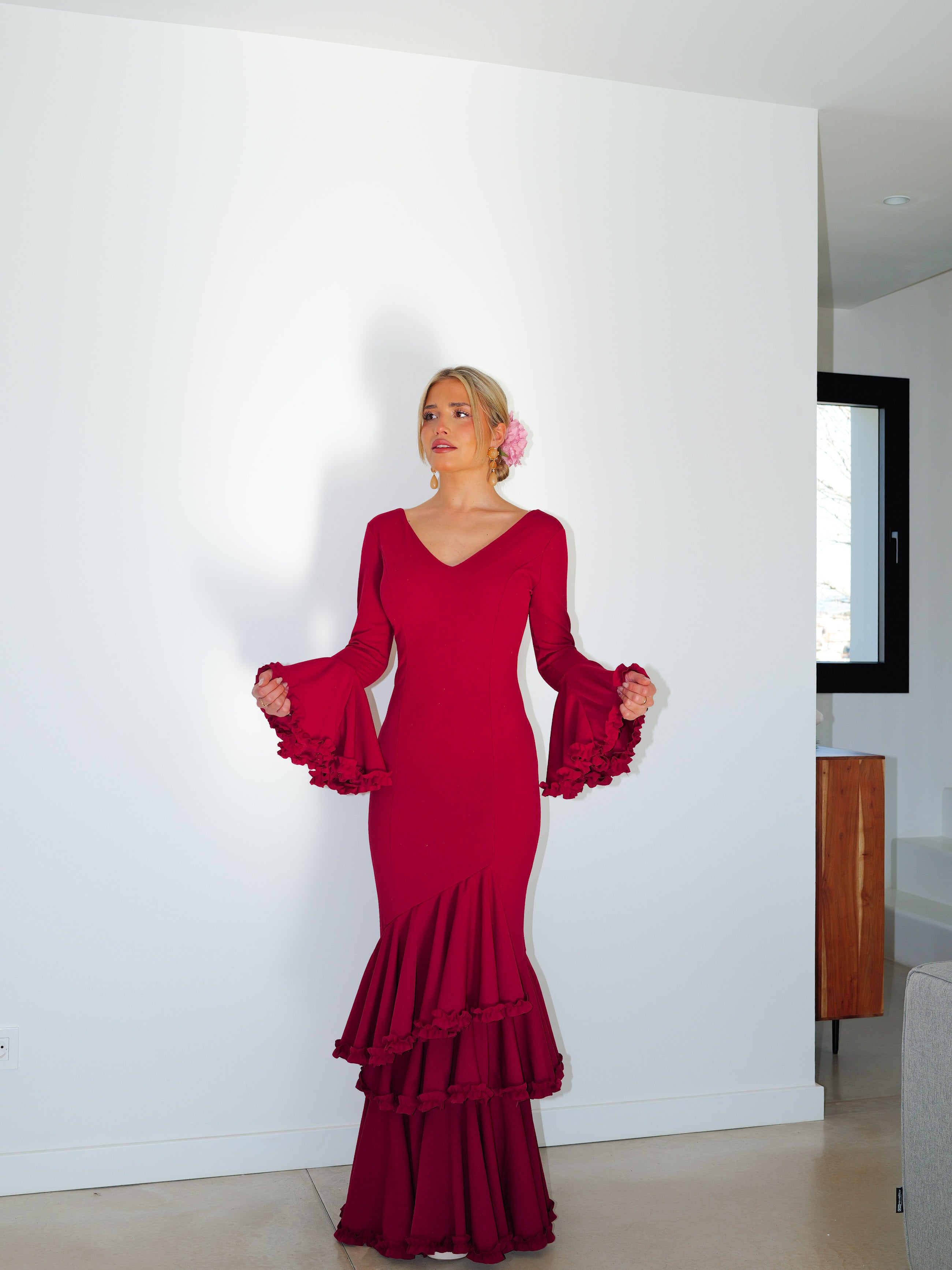 Robe flamenca asymétrique bordeaux