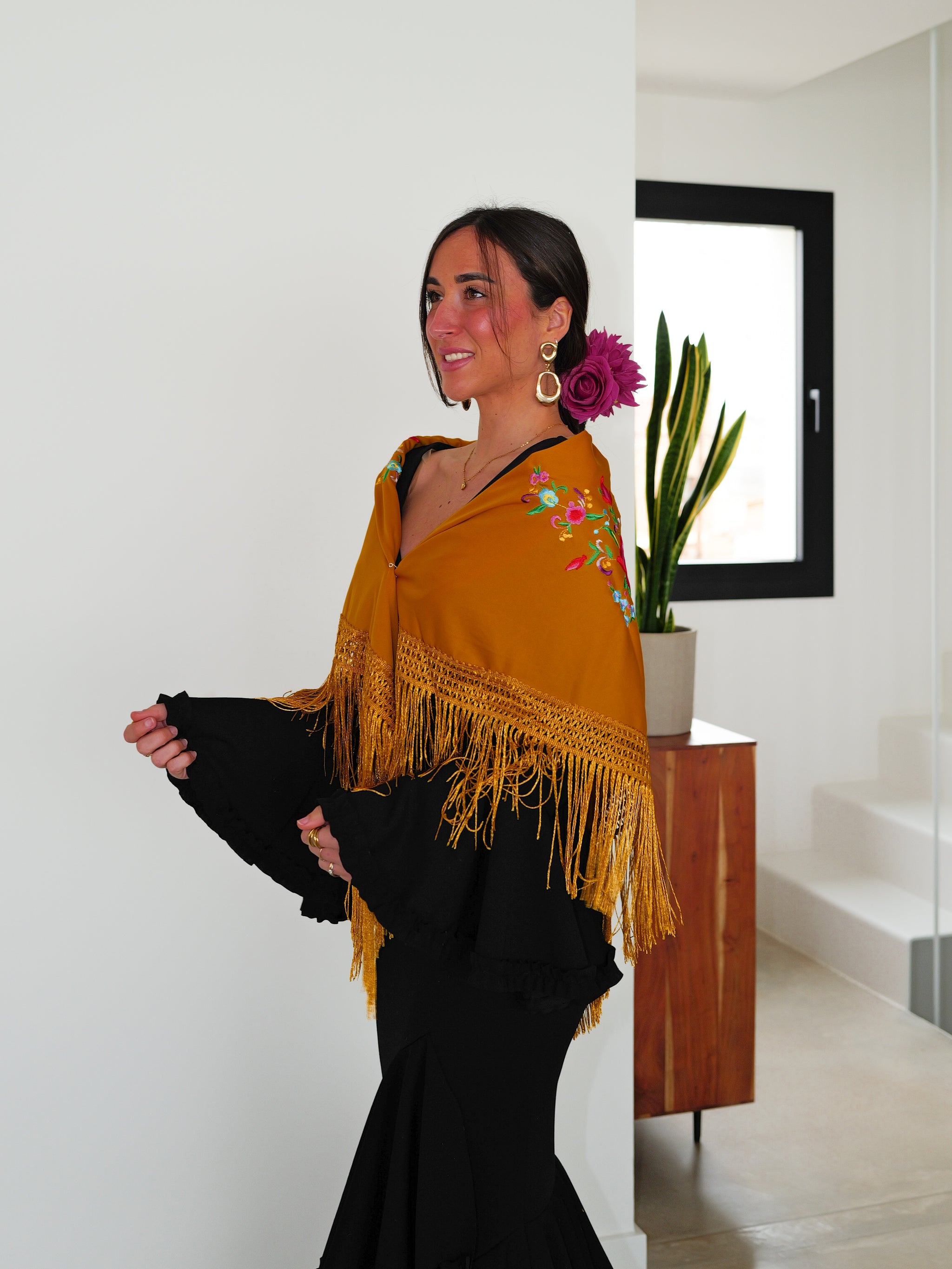 Châle Danse Espagnol Foulard Danse Flamenco La Senorita - Broderie Franges Rouges, 160x80 Cm, Taille M Danse Traditionnelle Espagne