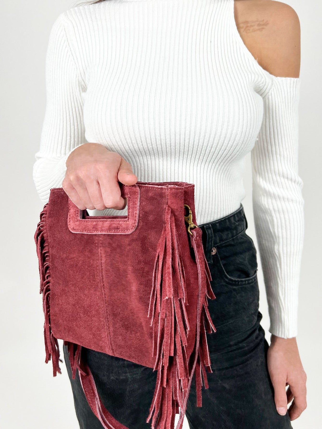 Sac en cuir frangé bordeaux