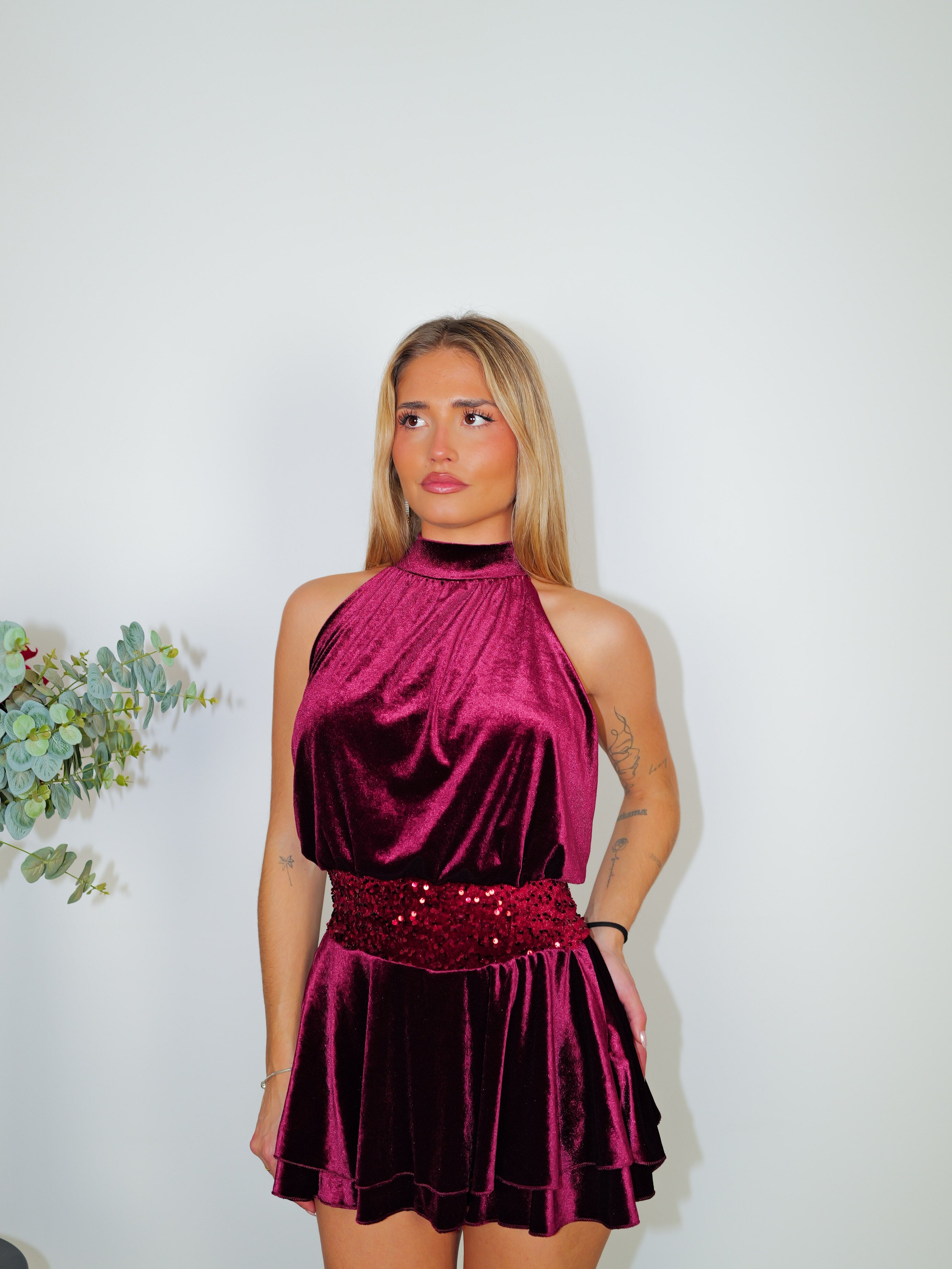 Combinaison mini velours mini paillettes taille bordeaux