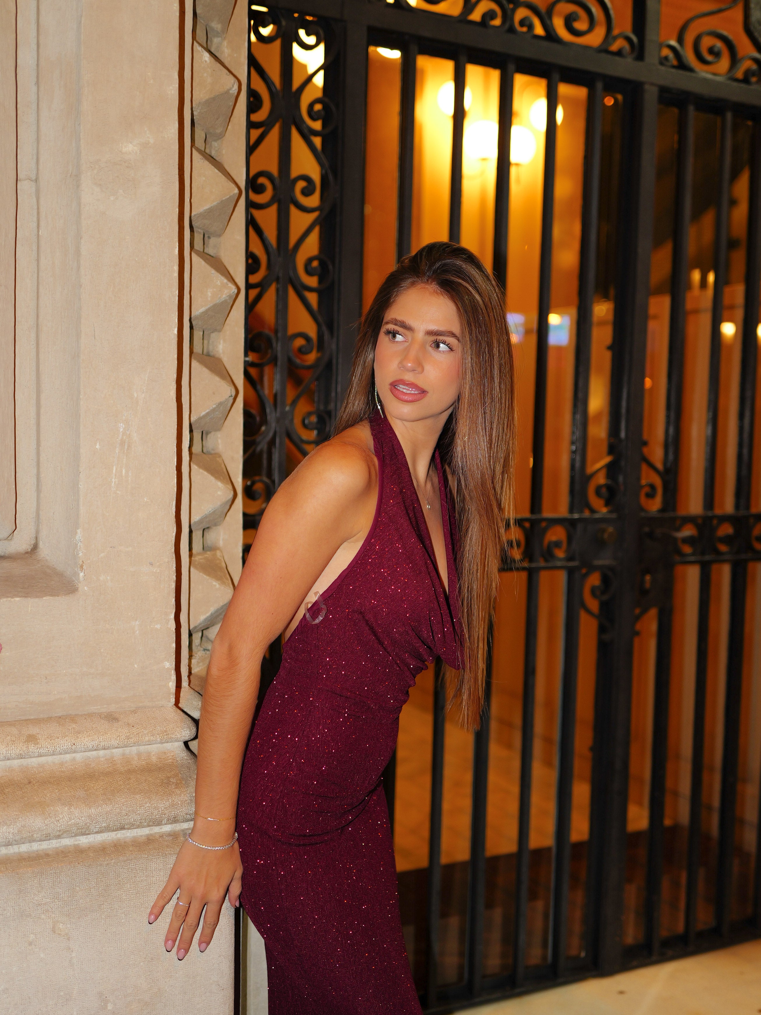 Robe longue lurex waterfall bordeaux