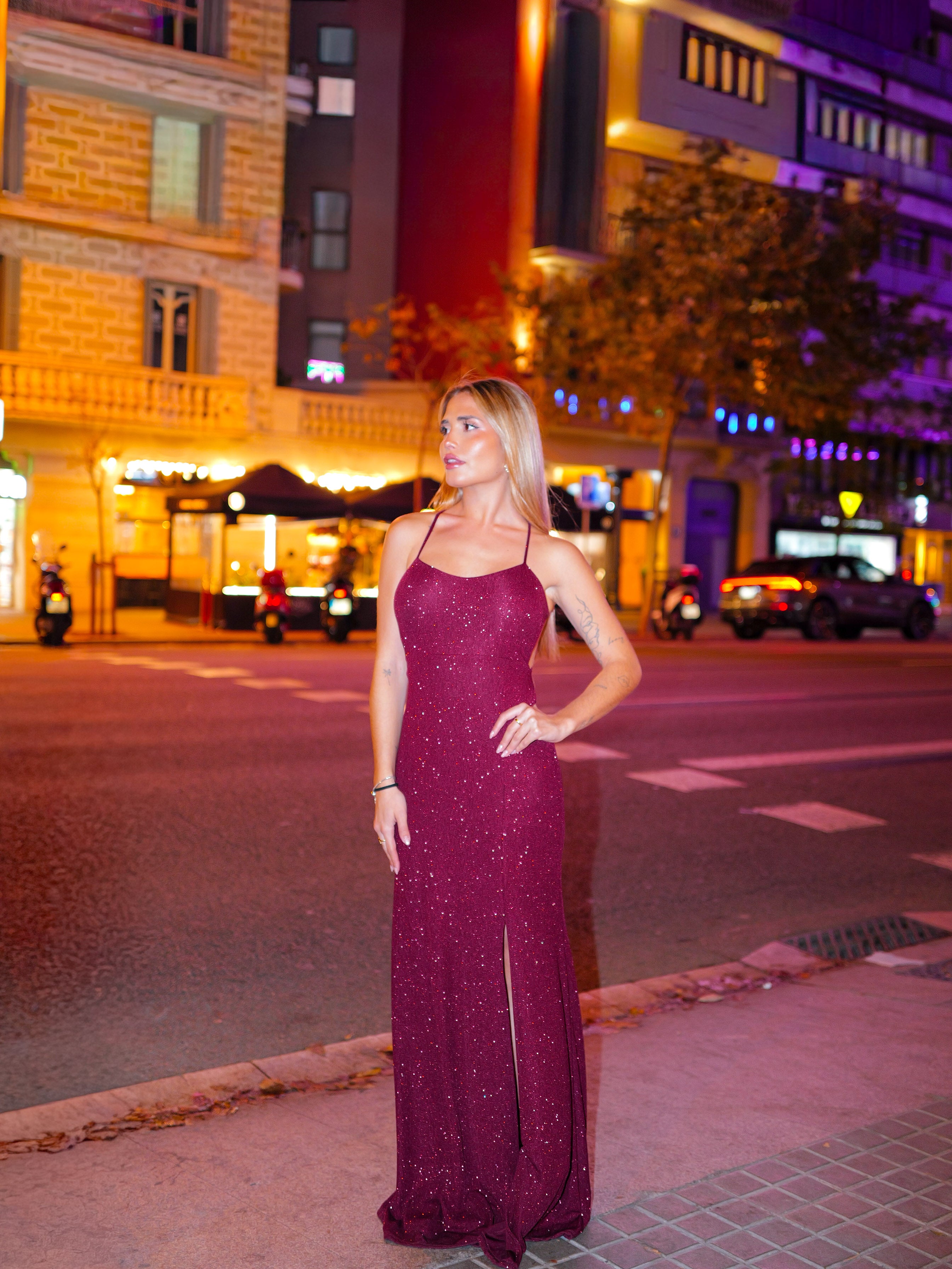 Robe longue à bretelles lurex bordeaux