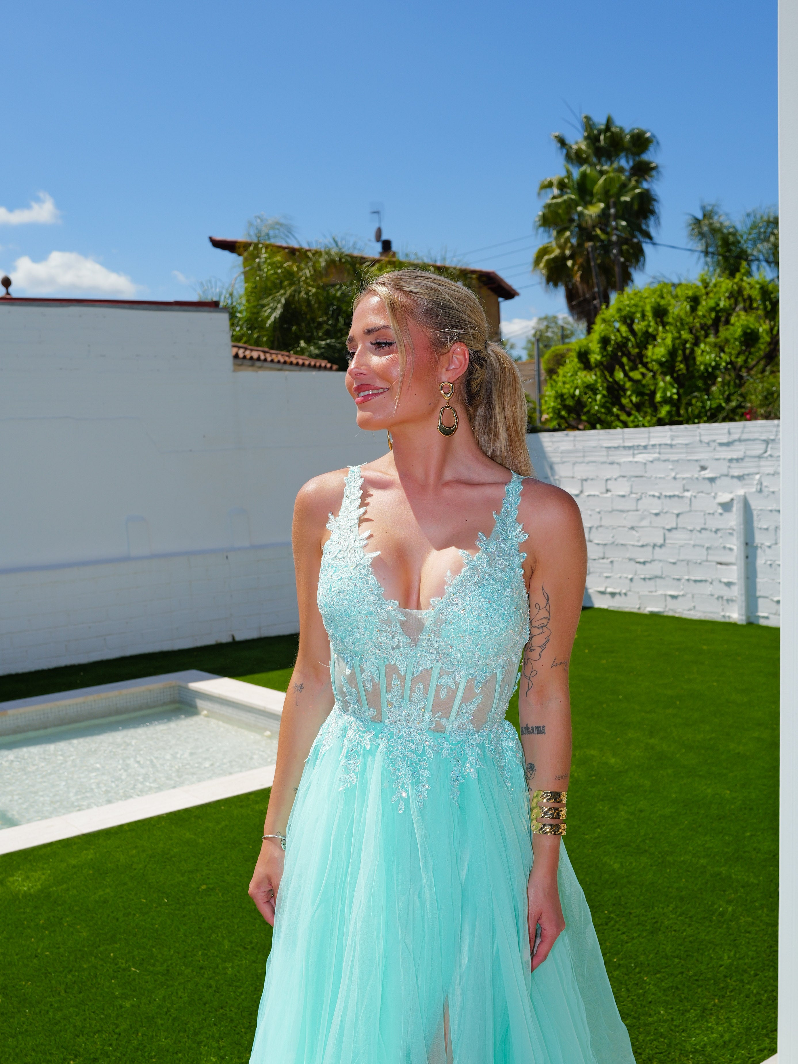 Robe corset à encolure en V tulle menthe