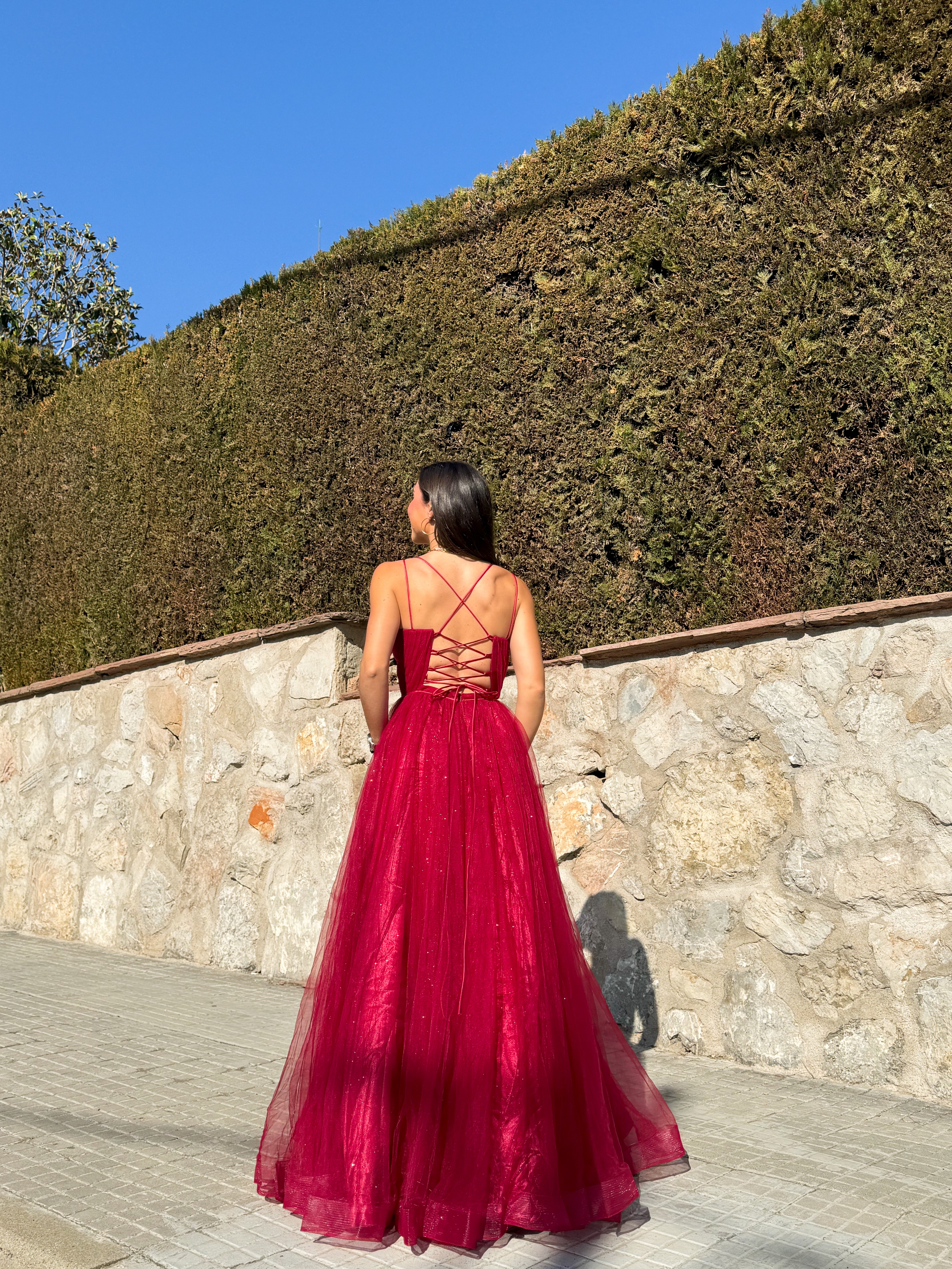 Robe à bretelles spaghetti en tulle bourgogne