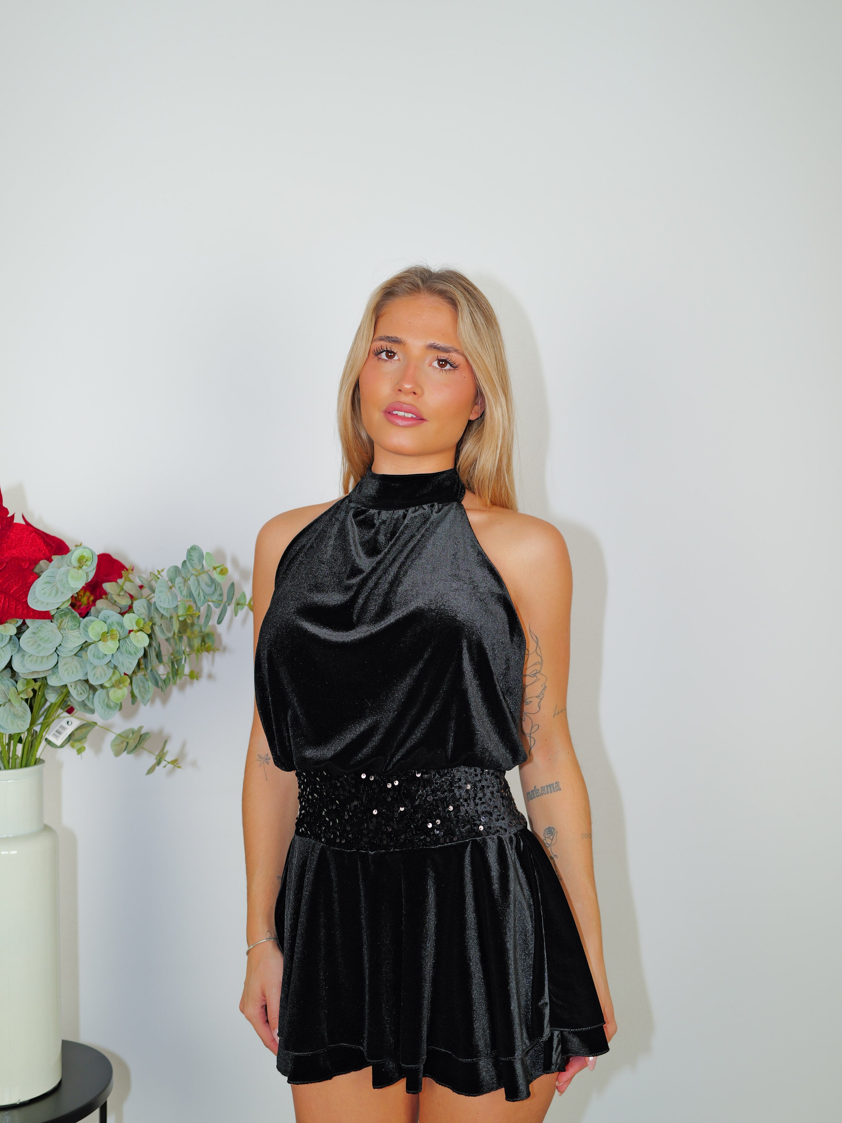 Combinaison mini velours mini taille paillettes noir