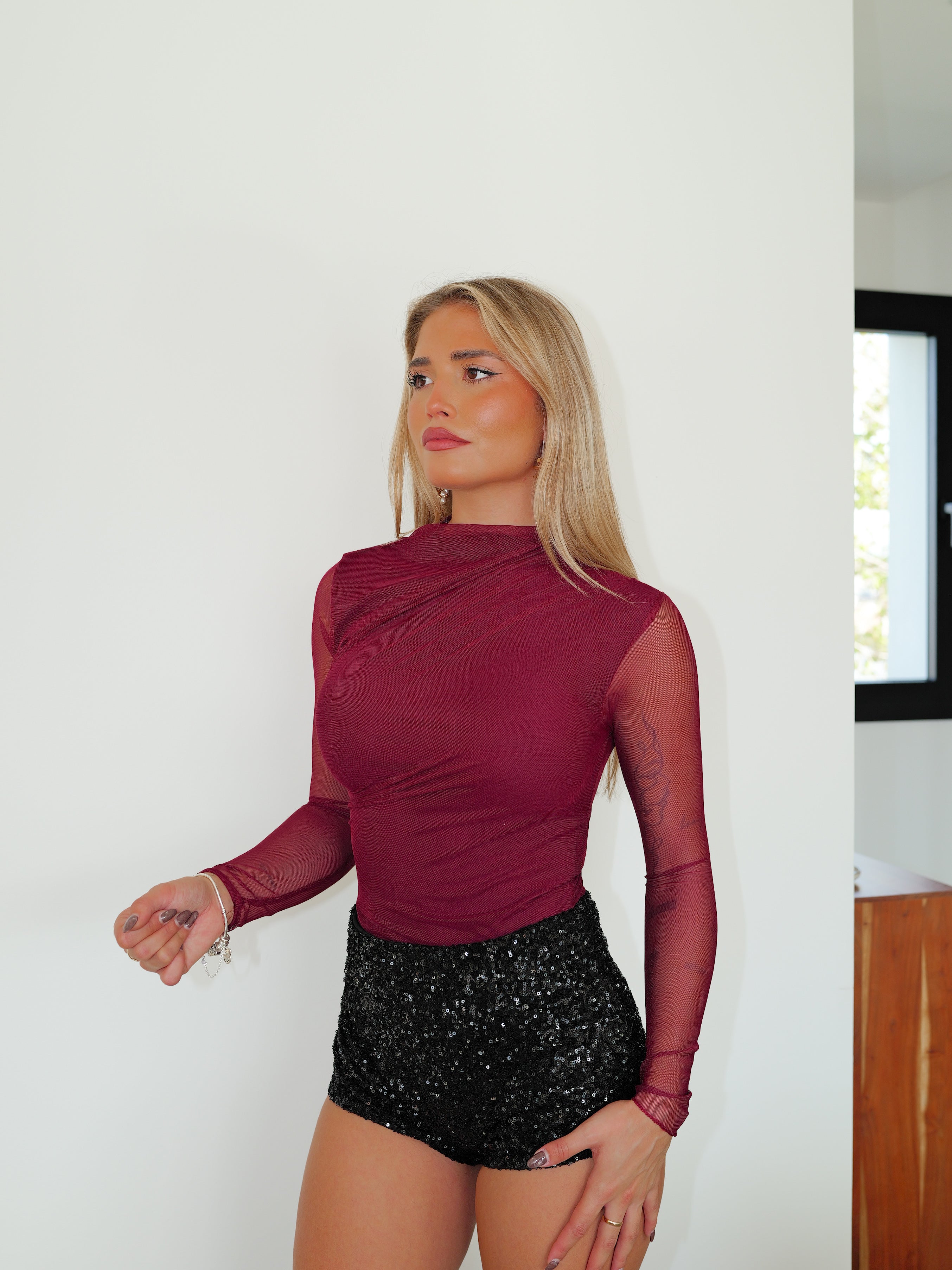 Body à manches en tulle bordeaux
