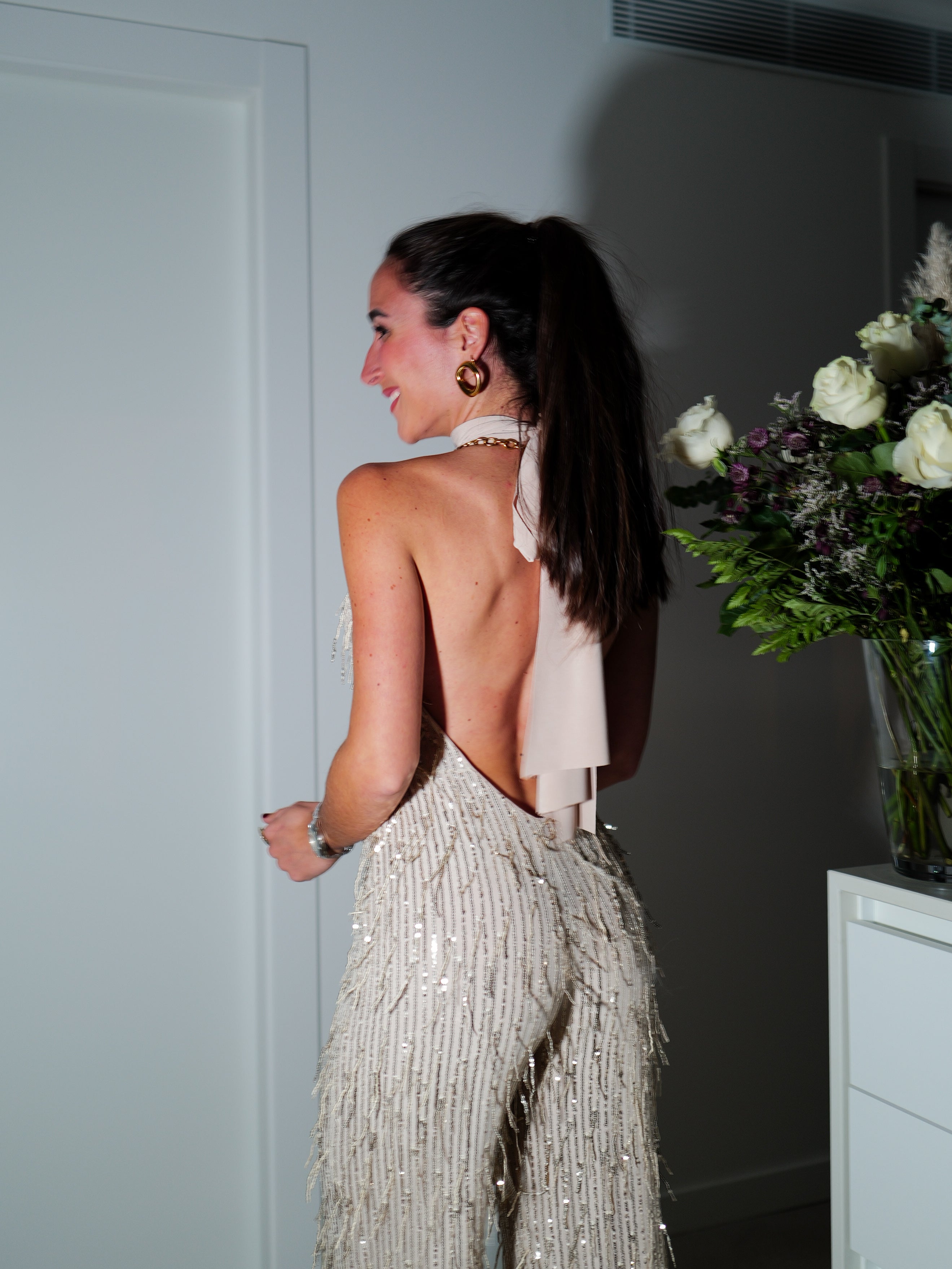 Combinaison dos nu strass franges beige