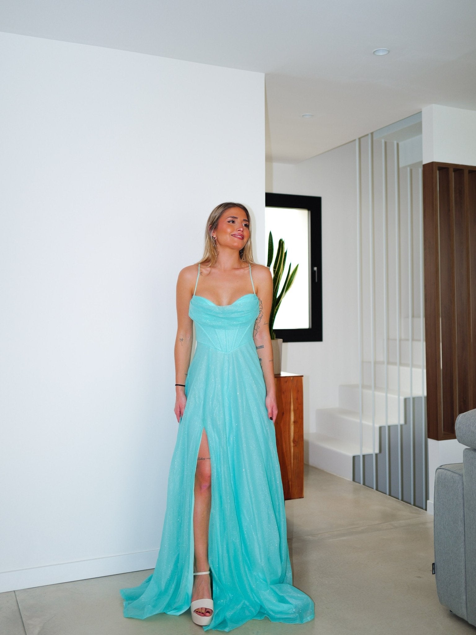 Robe bustier à paillettes turquoise - SORELLAS