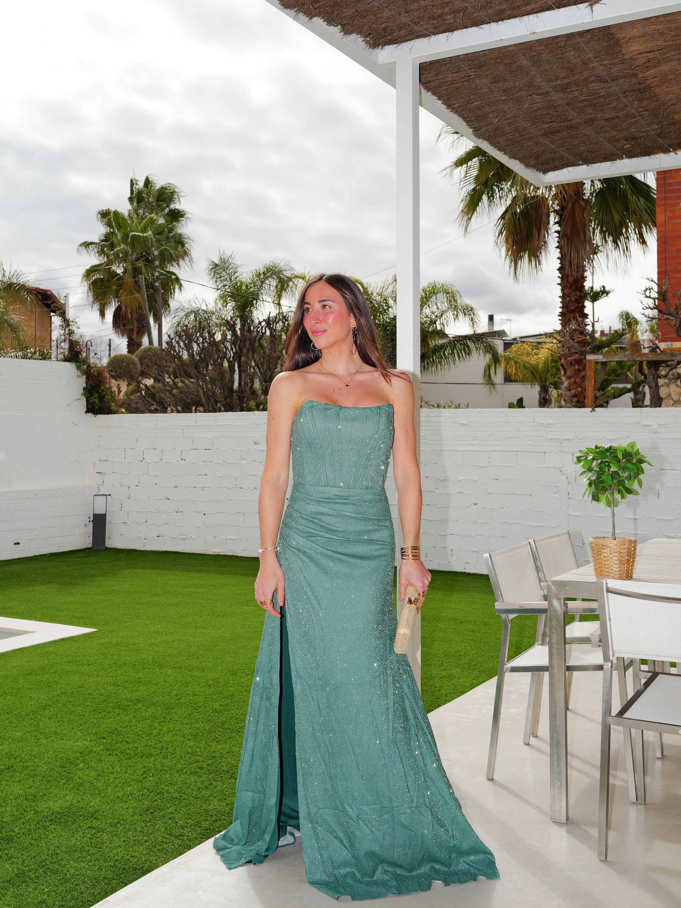 Robe longue à corset bouteille pailletée