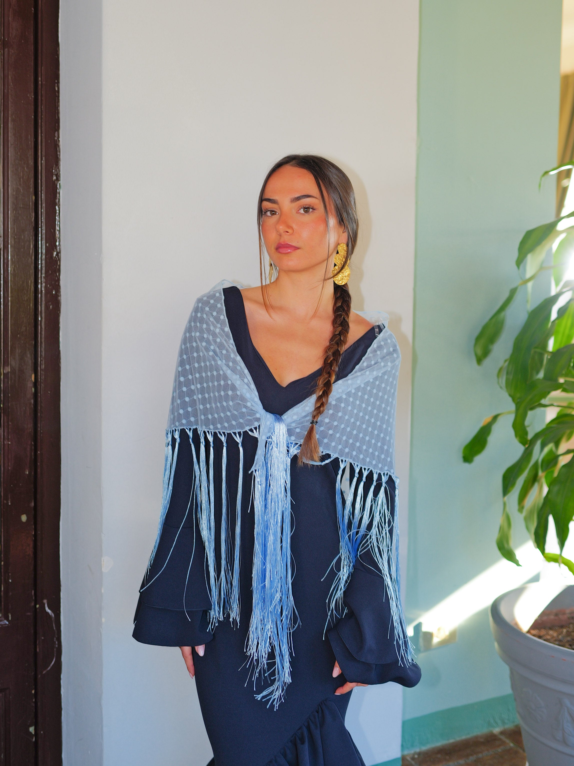 Châle flamenco à pois ciel