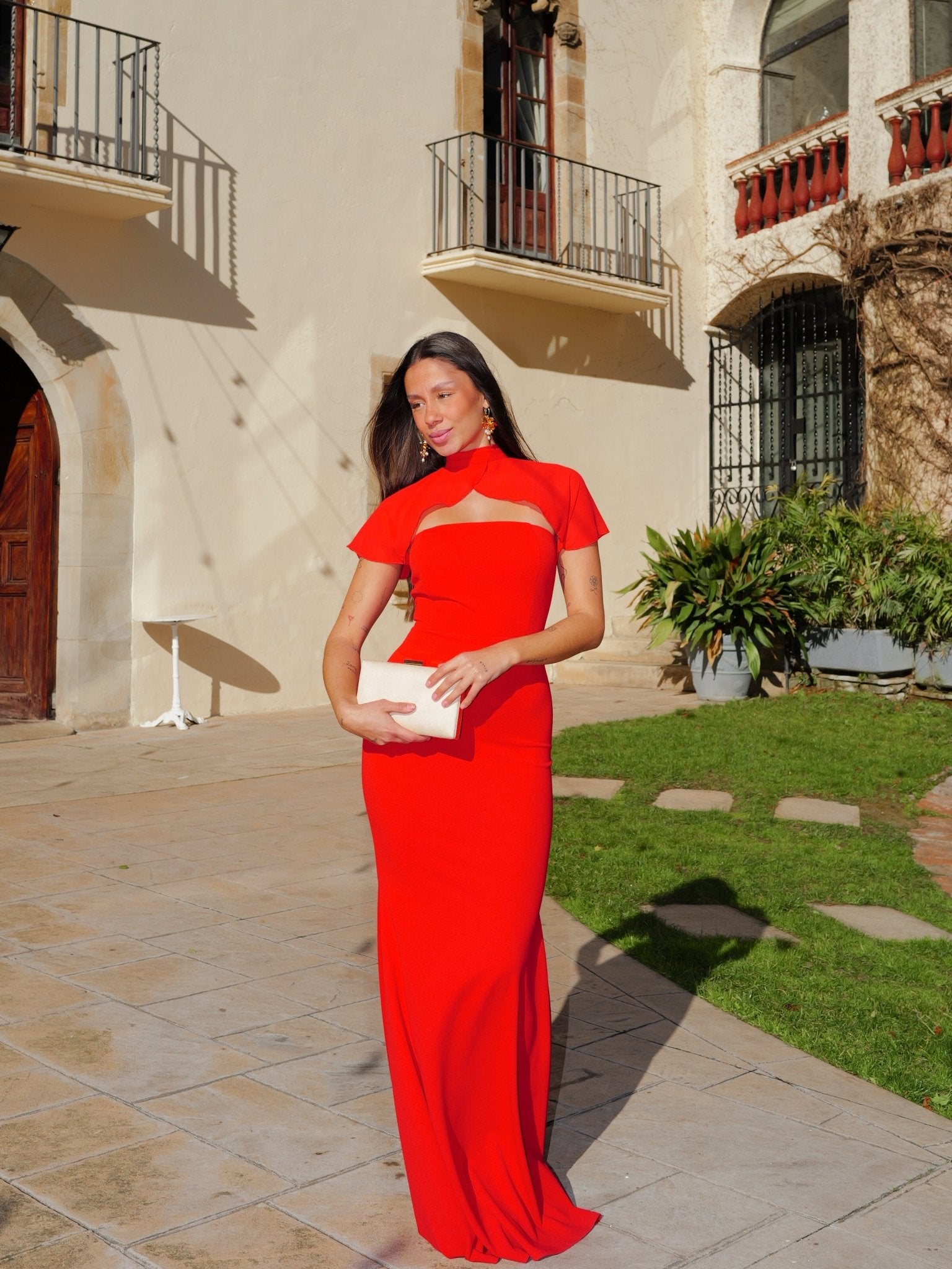 Robe sirène à manches en tulle rouge - SORELLAS