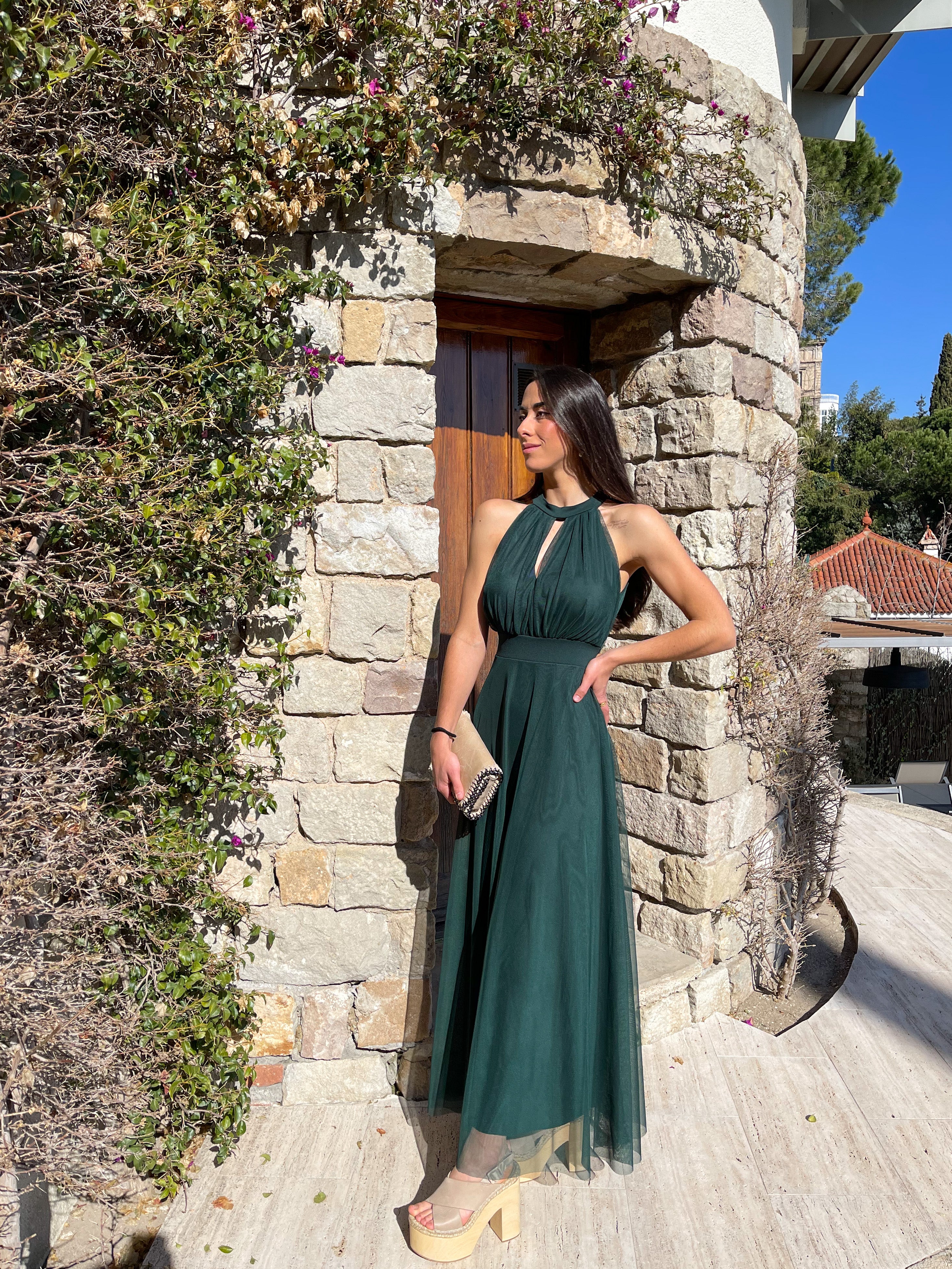 Robe dos nu en tulle bouteille