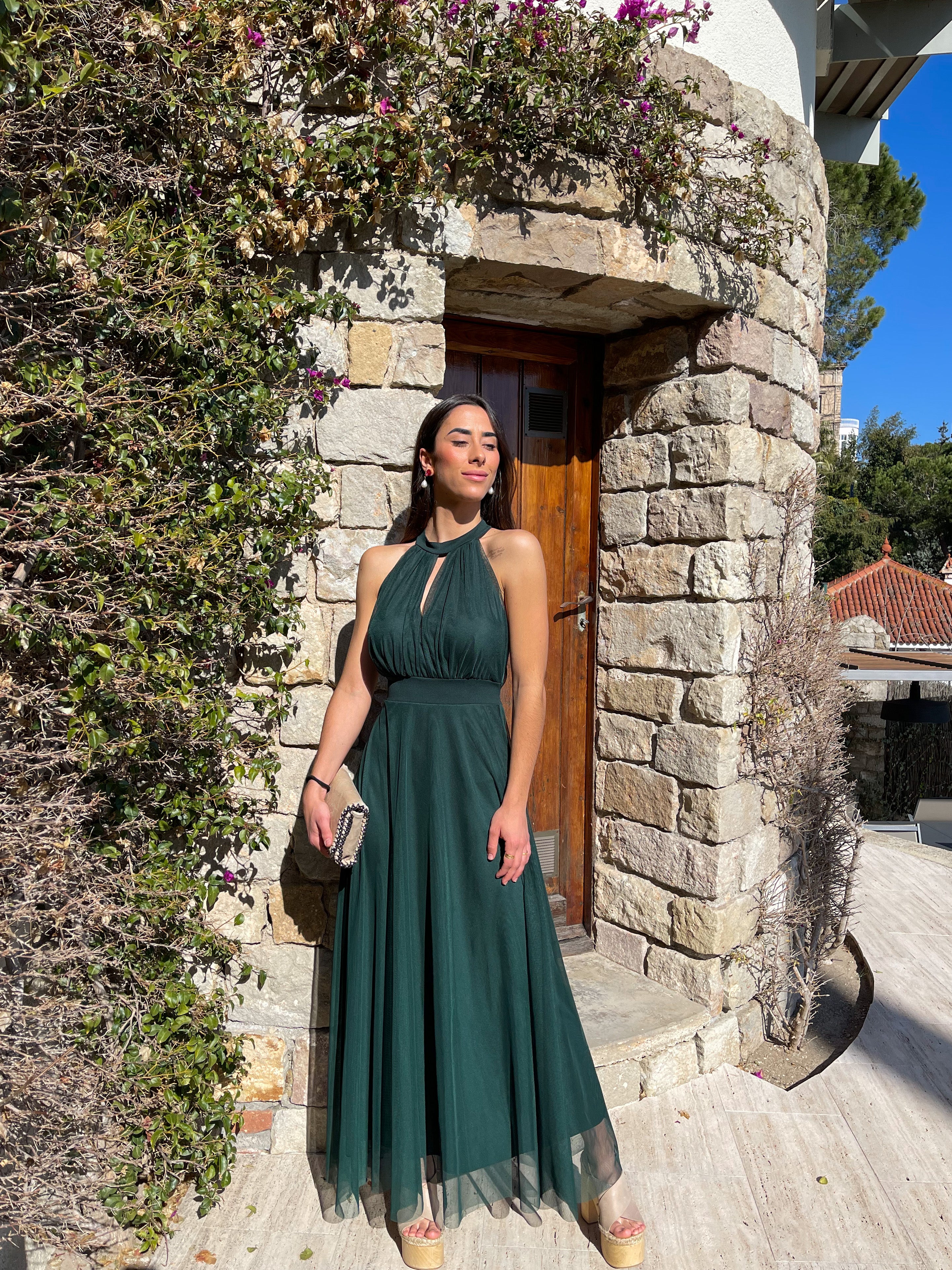 Robe dos nu en tulle bouteille