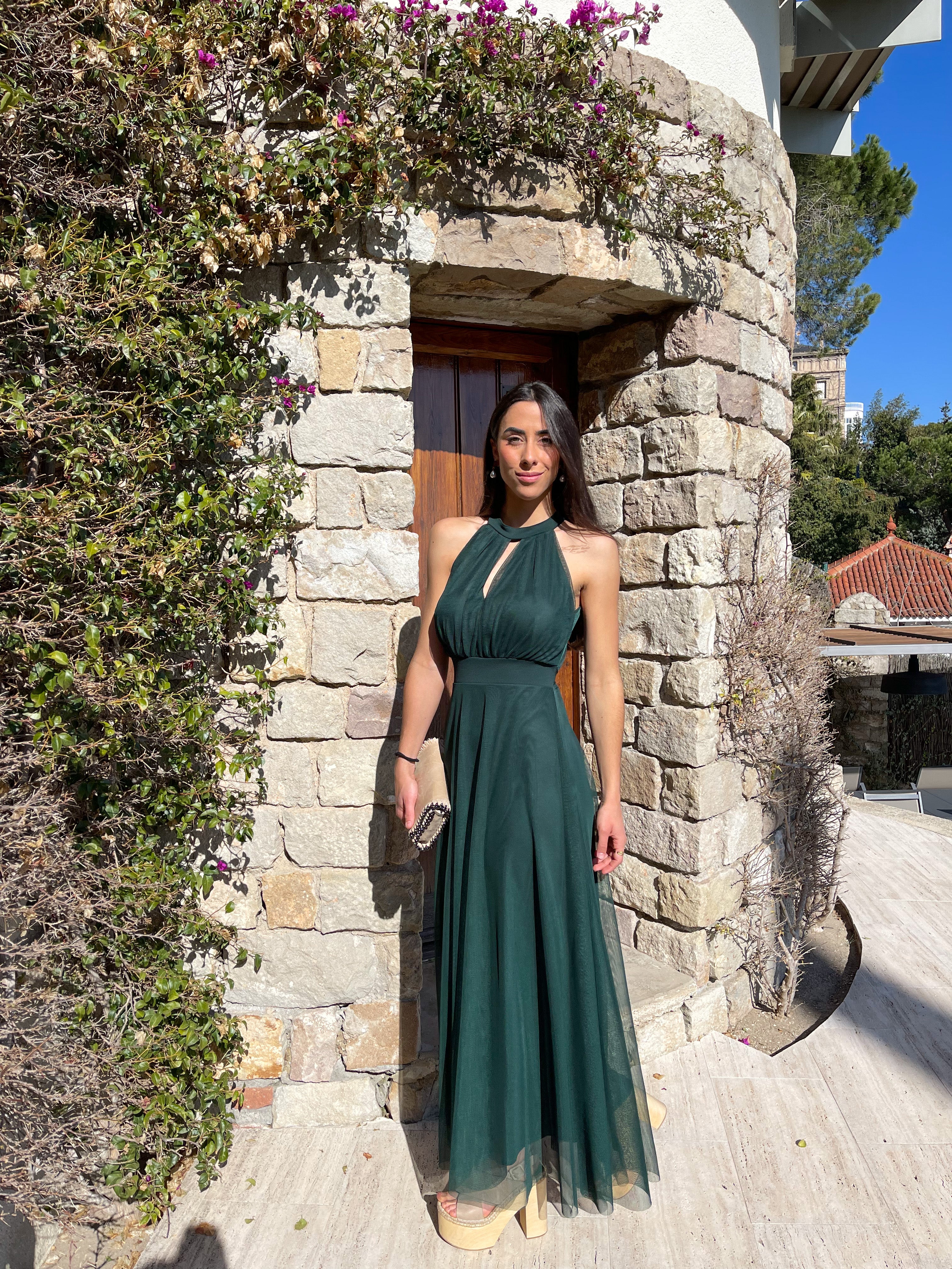 Robe dos nu en tulle bouteille