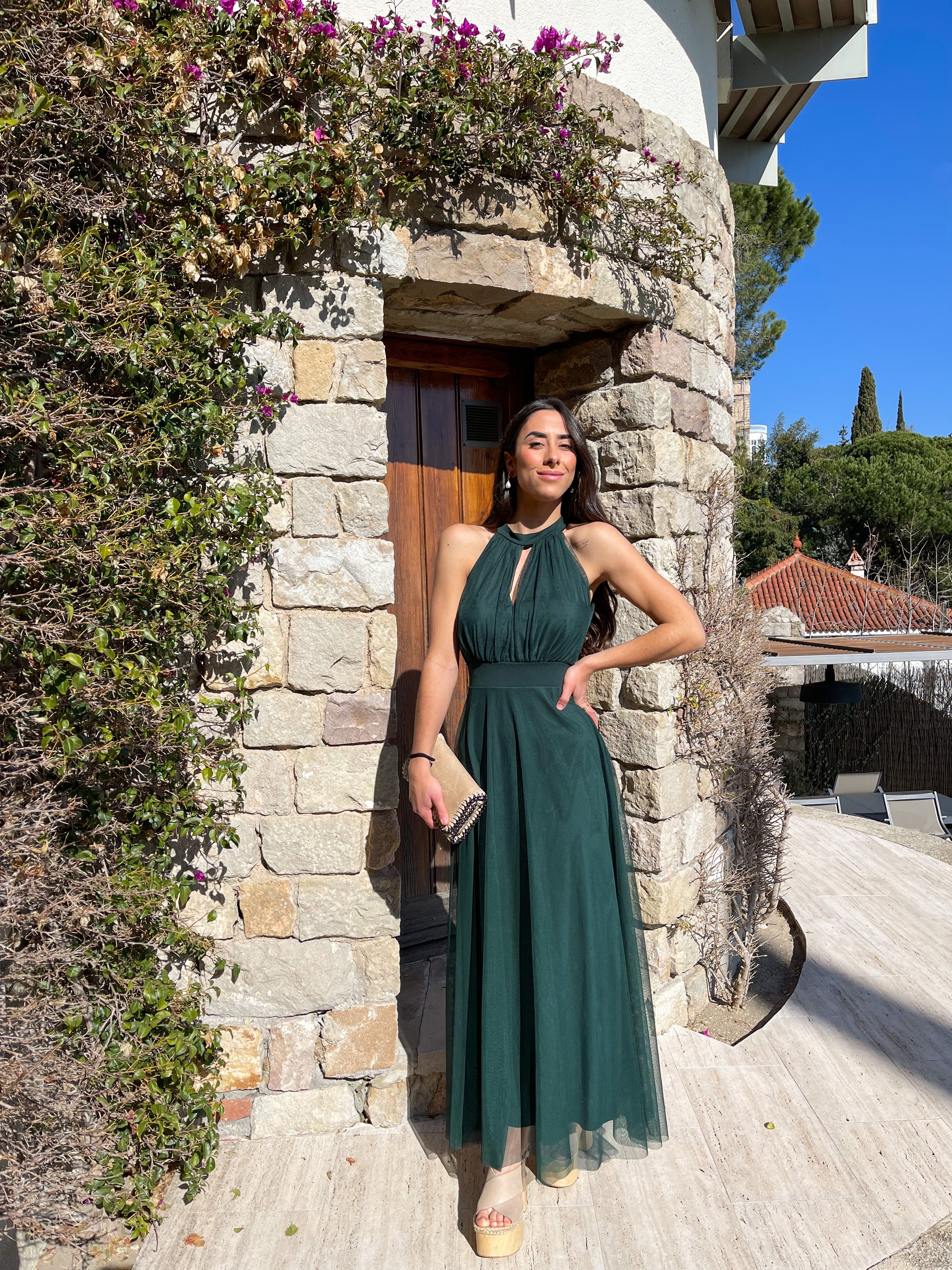 Robe dos nu en tulle bouteille